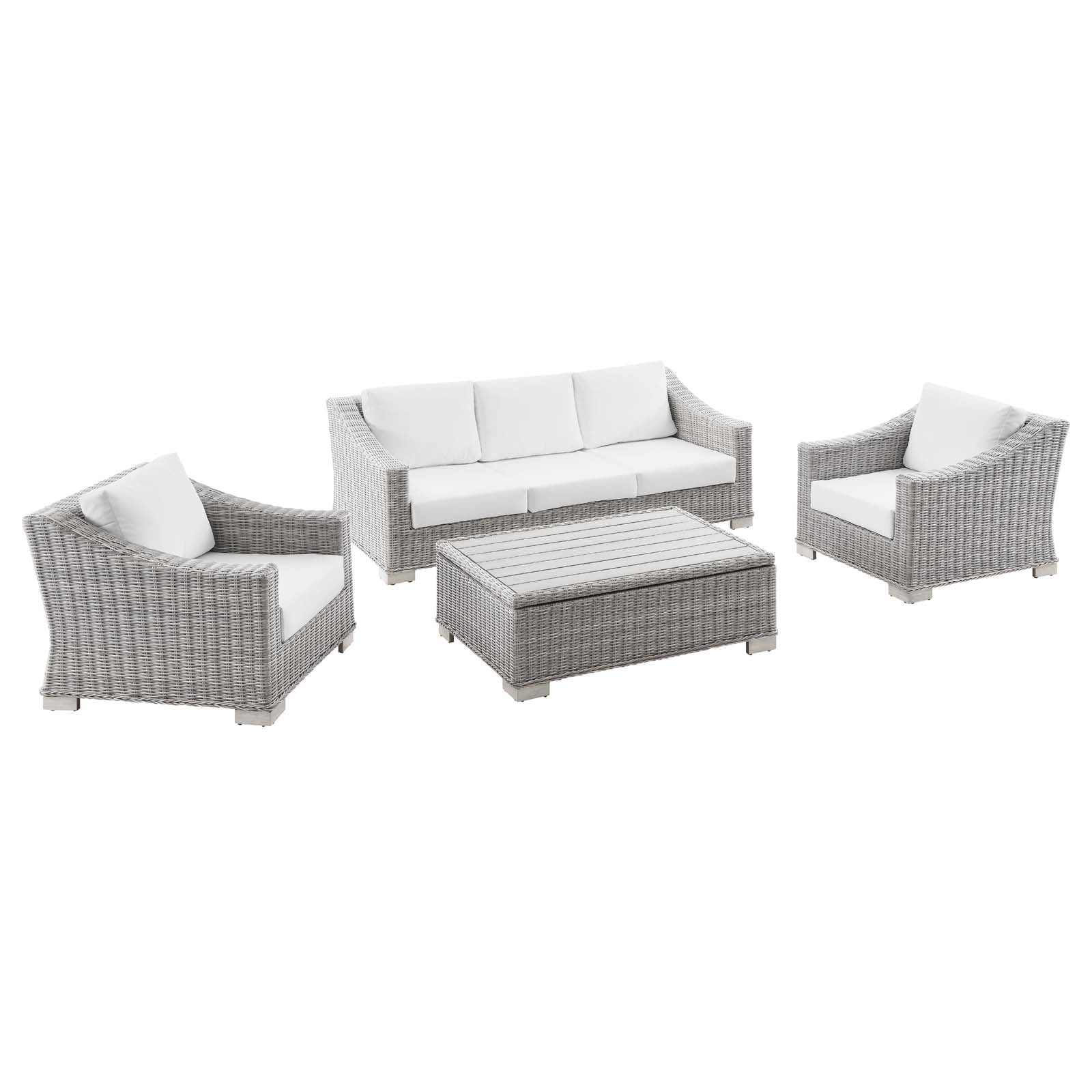 Modway Outdoor Conversation Sets - Conway 4 Piece Outdoor Patio Wicker Rattan Furniture Set Light Gray White