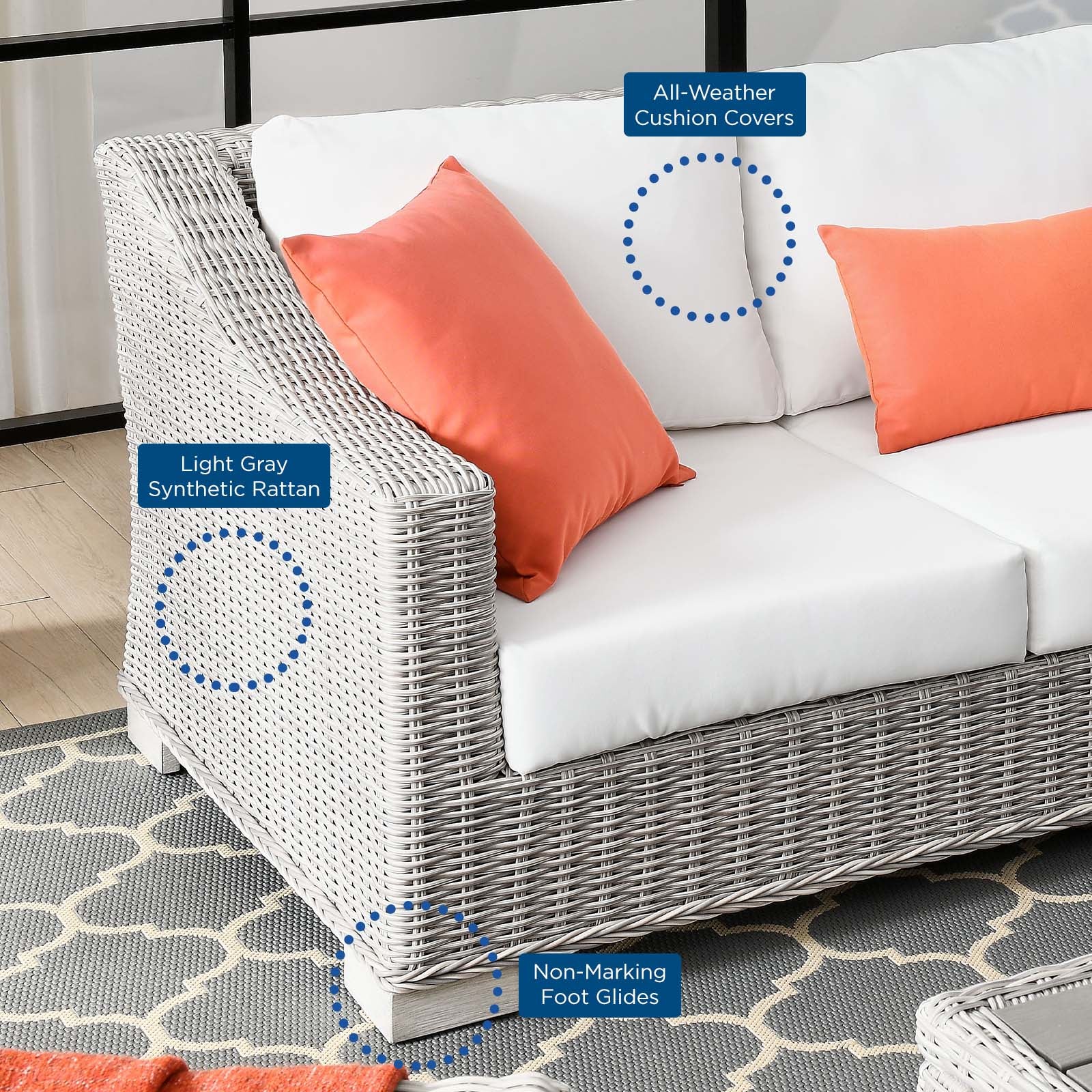 Modway Outdoor Conversation Sets - Conway 4 Piece Outdoor Patio Wicker Rattan Furniture Set Light Gray White