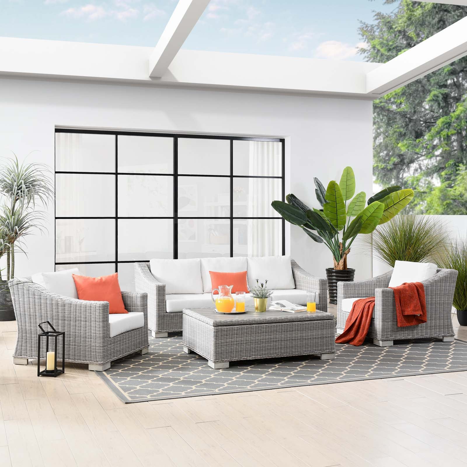 Modway Outdoor Conversation Sets - Conway 4 Piece Outdoor Patio Wicker Rattan Furniture Set Light Gray White