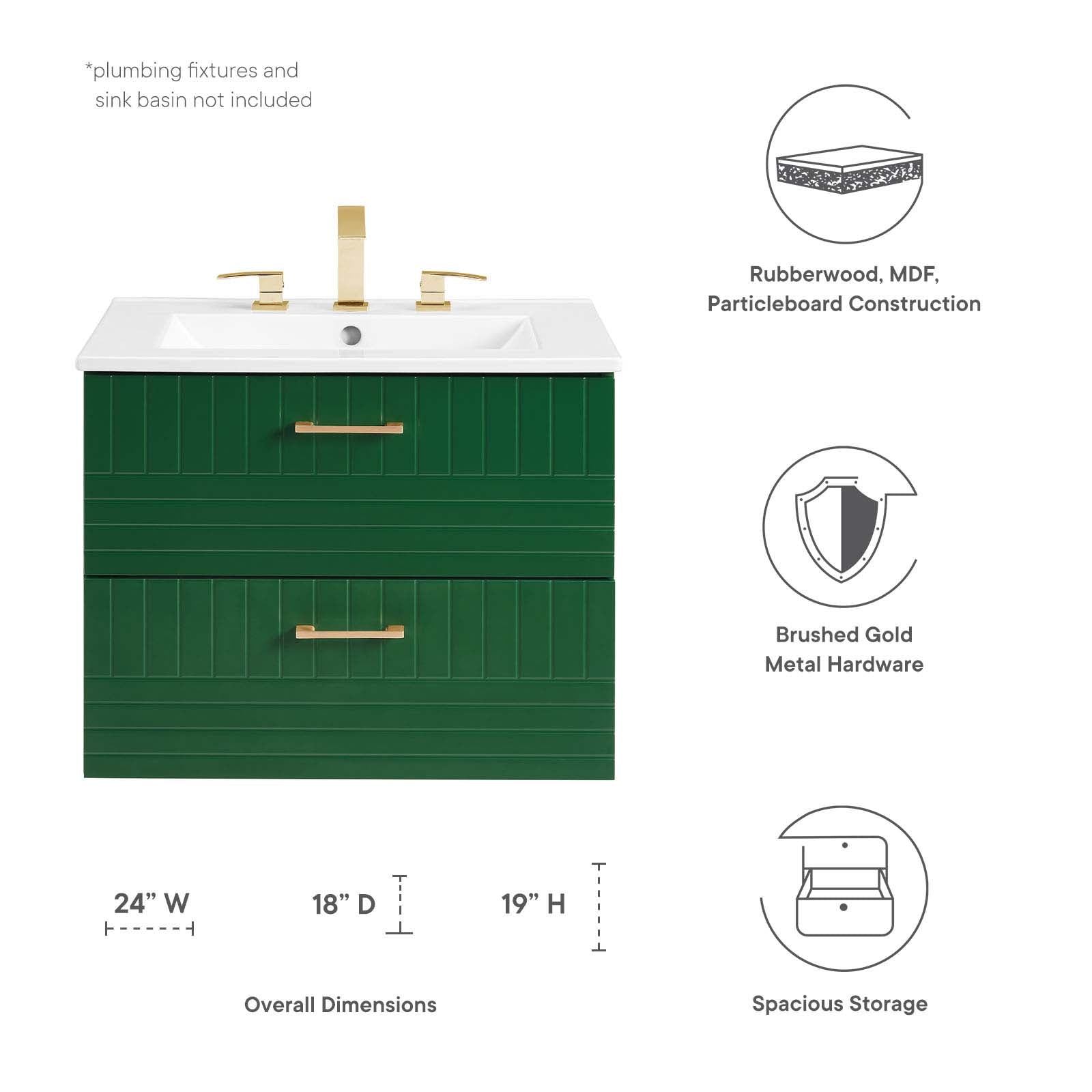 Modway Bathroom Vanity - Daybreak 24" Wall-Mount Green