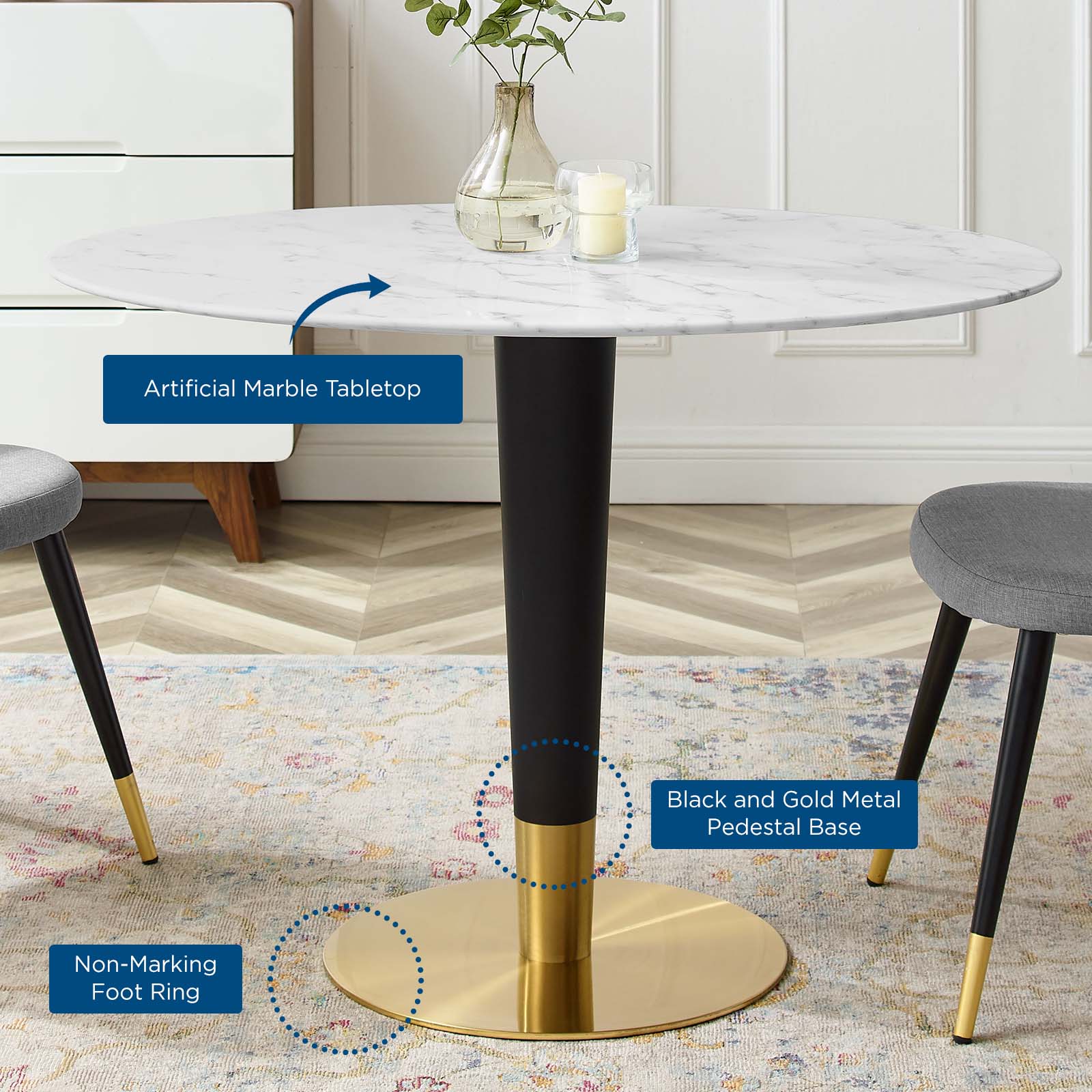 Modway Dining Tables - Zinque-42"-Oval-Artificial-Marble-Dining-Table-Gold-White