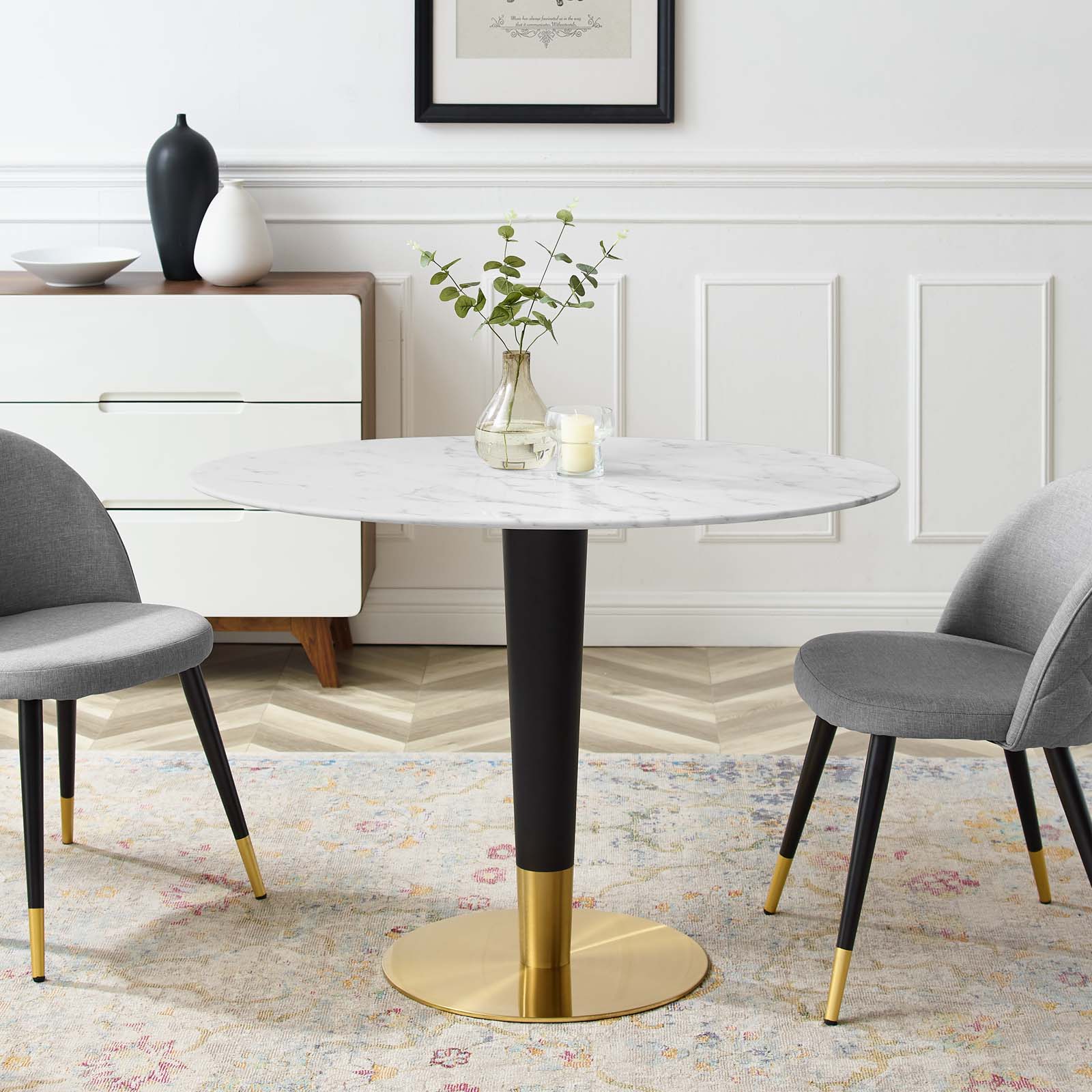 Modway Dining Tables - Zinque-42"-Oval-Artificial-Marble-Dining-Table-Gold-White