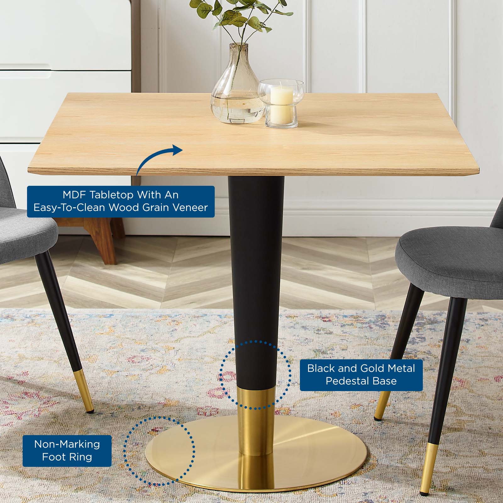 Modway Dining Tables - Zinque 36" Square Dining Table Gold & Natural