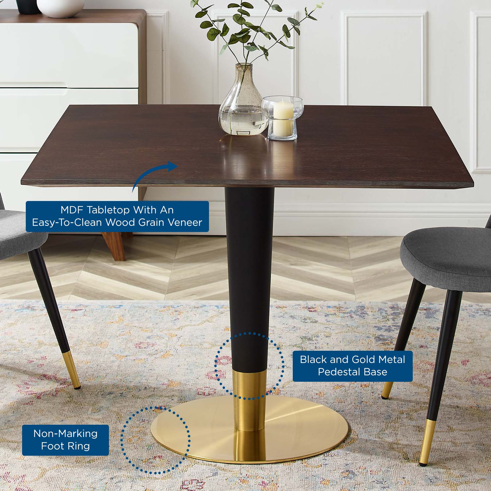 Modway Dining Tables - Zinque 40" Square Dining Table Gold & Cherry Walnut