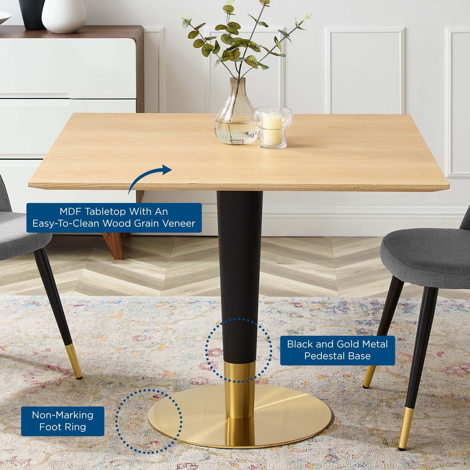 Modway Dining Tables - Zinque 40" Square Dining Table Gold & Natural