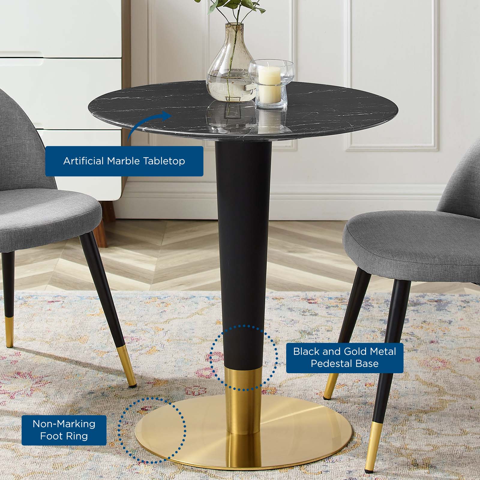 Modway Dining Tables - Zinque 28" Artificial Marble Dining Table Gold & Black