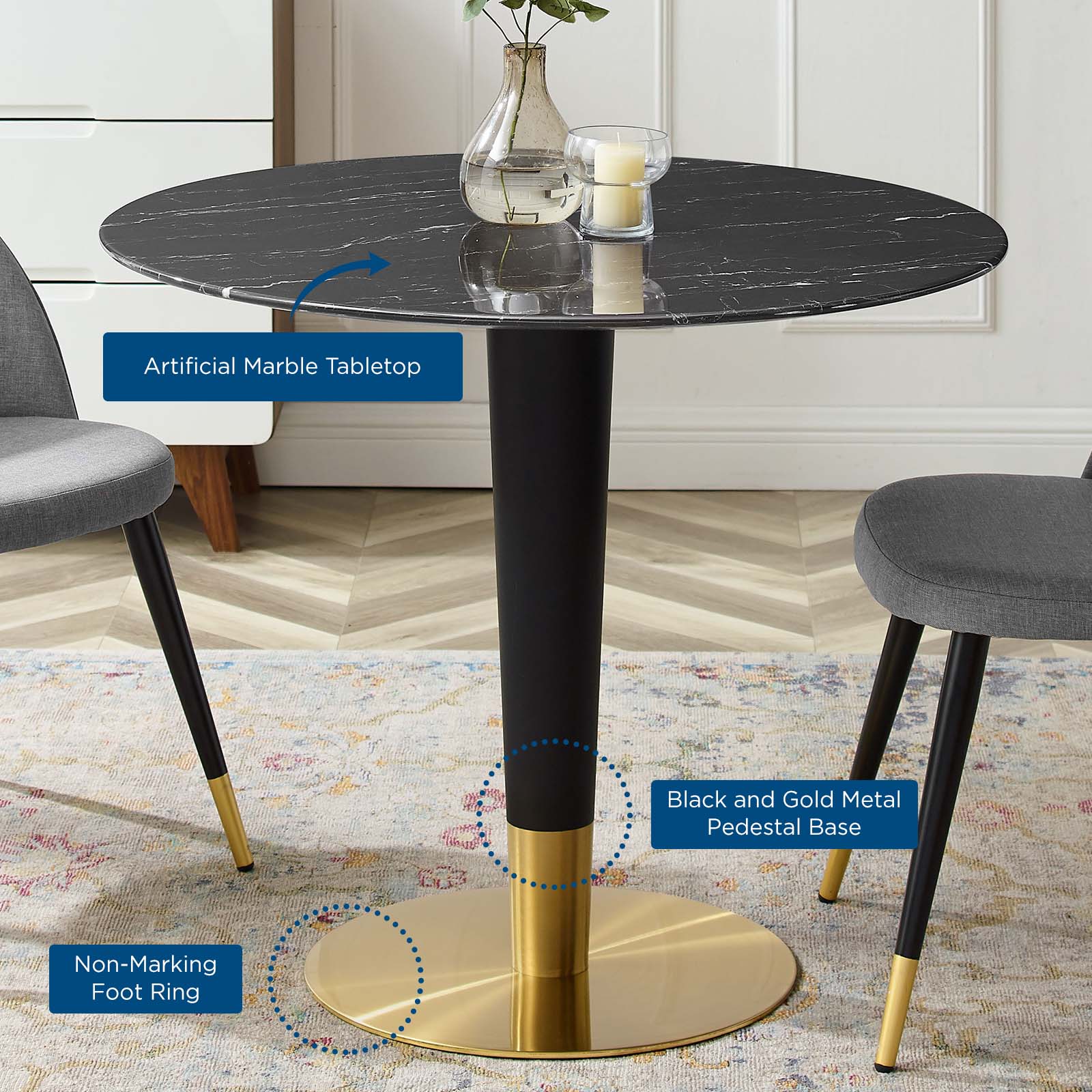 Modway Dining Tables - Zinque 36" Artificial Marble Dining Table Gold & Black