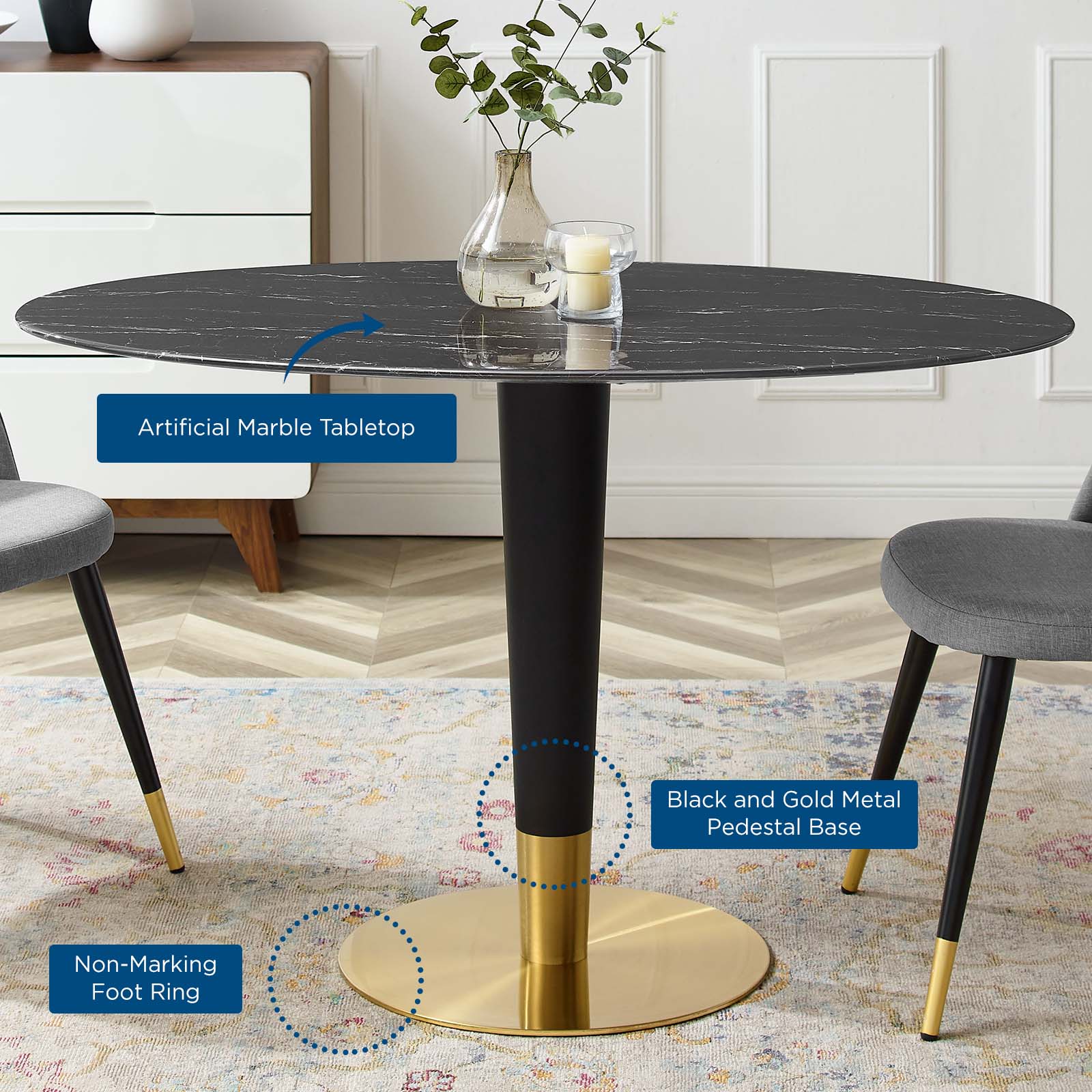Modway Dining Tables - Zinque-48"-Oval-Artificial-Marble-Dining-Table-Gold-Black