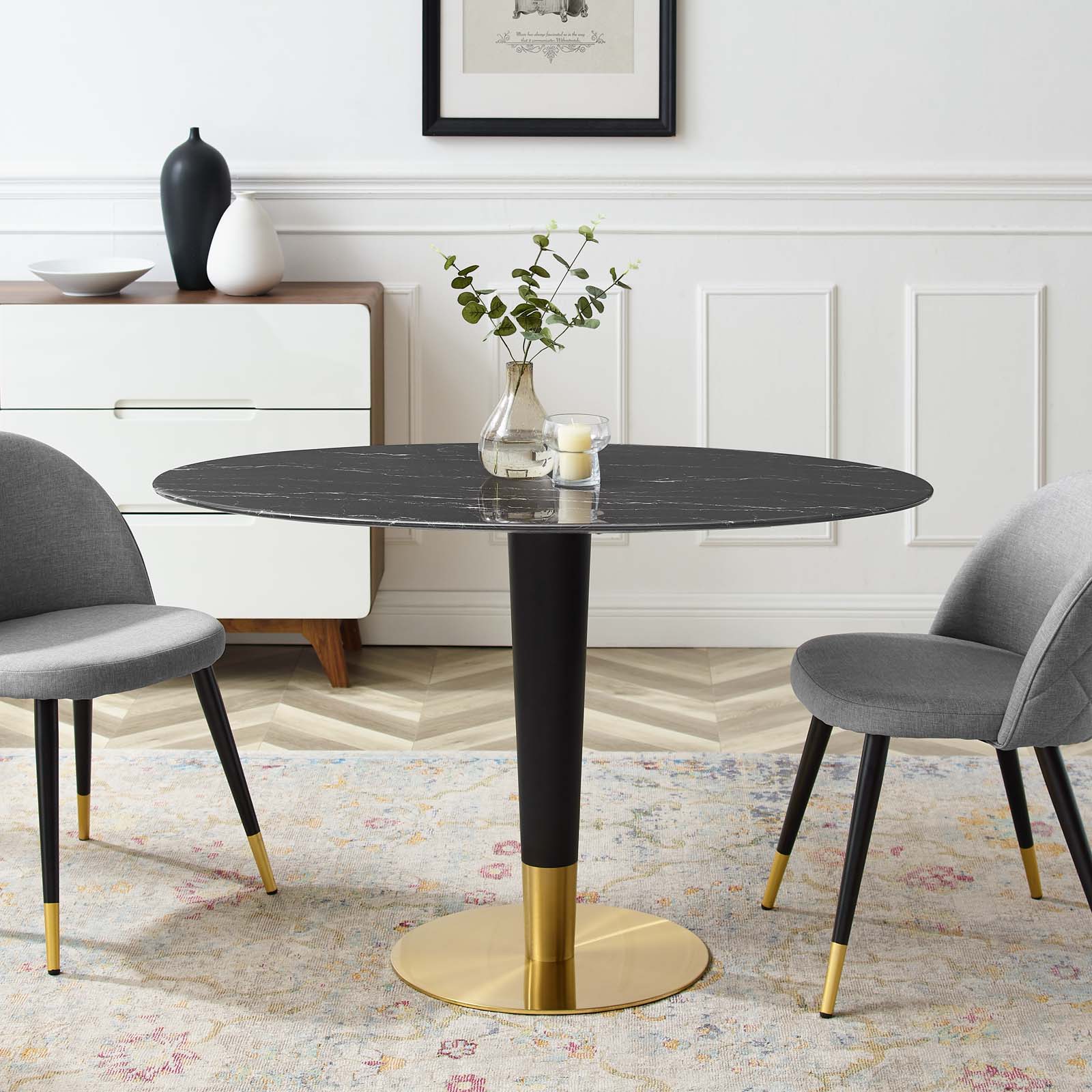 Modway Dining Tables - Zinque-48"-Oval-Artificial-Marble-Dining-Table-Gold-Black