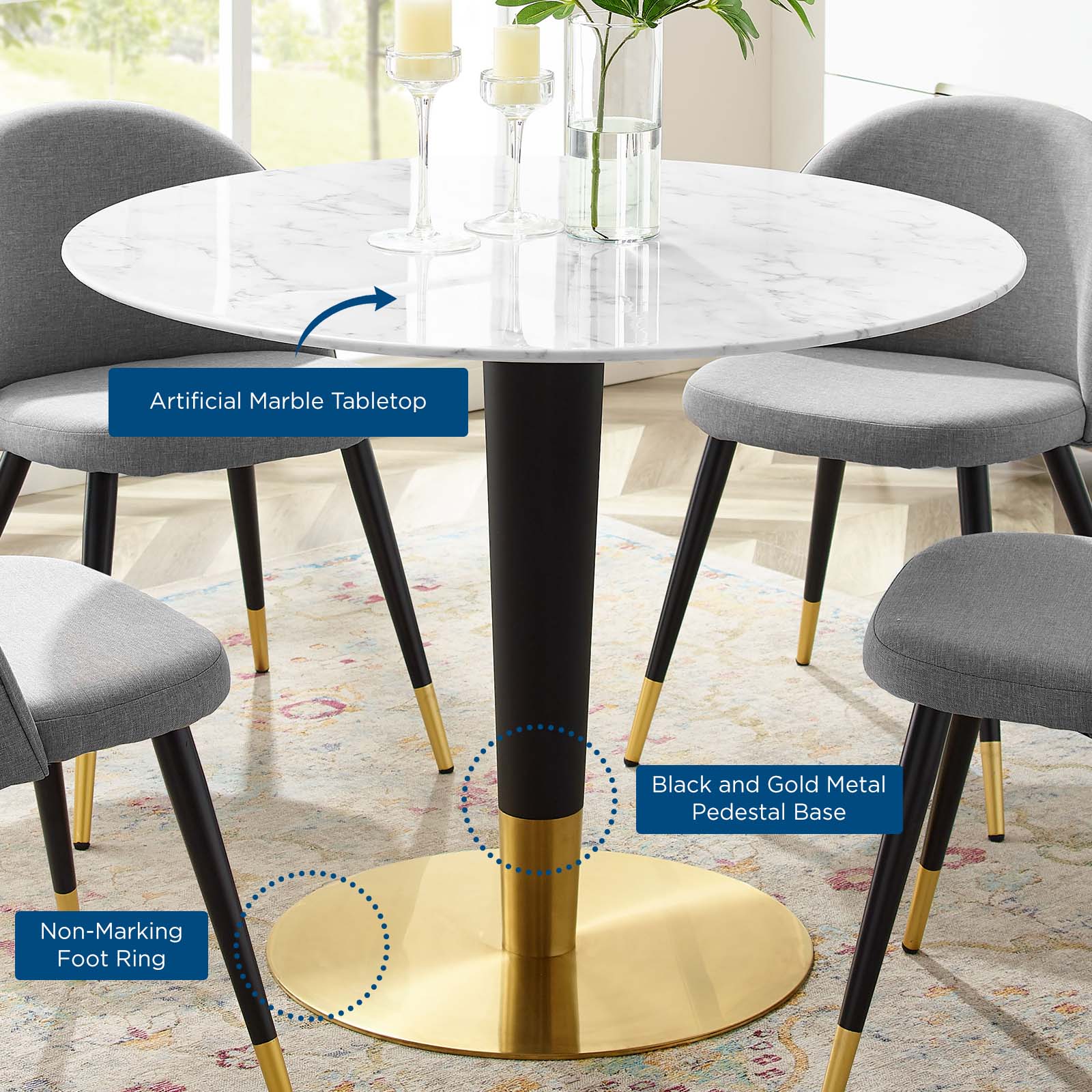 Modway Dining Tables - Zinque 40" Artificial Marble Dining Table Gold White