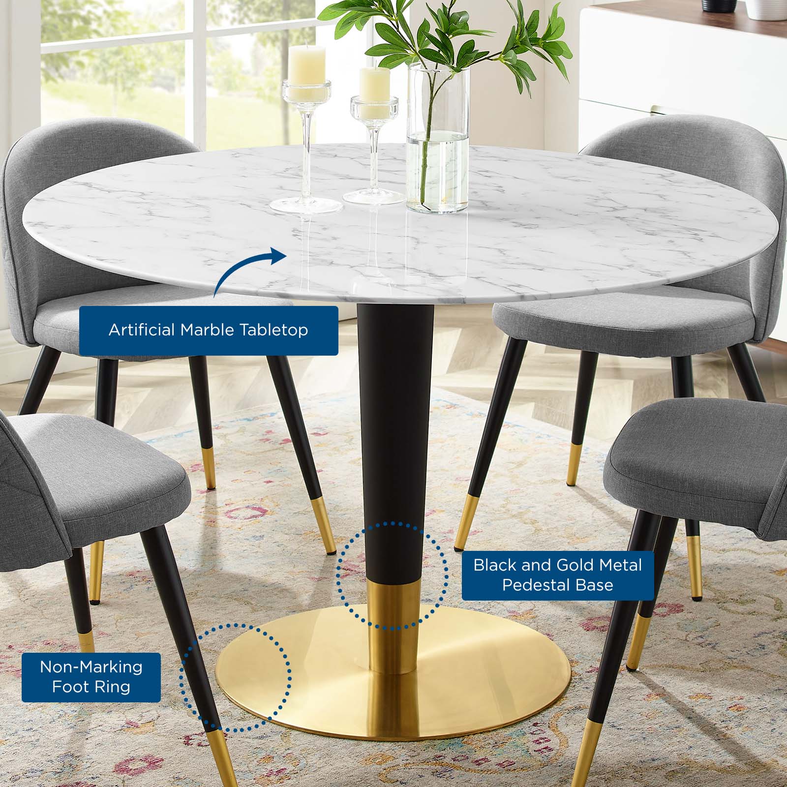 Modway Dining Tables - Zinque 47" Artificial Marble Dining Table Gold White