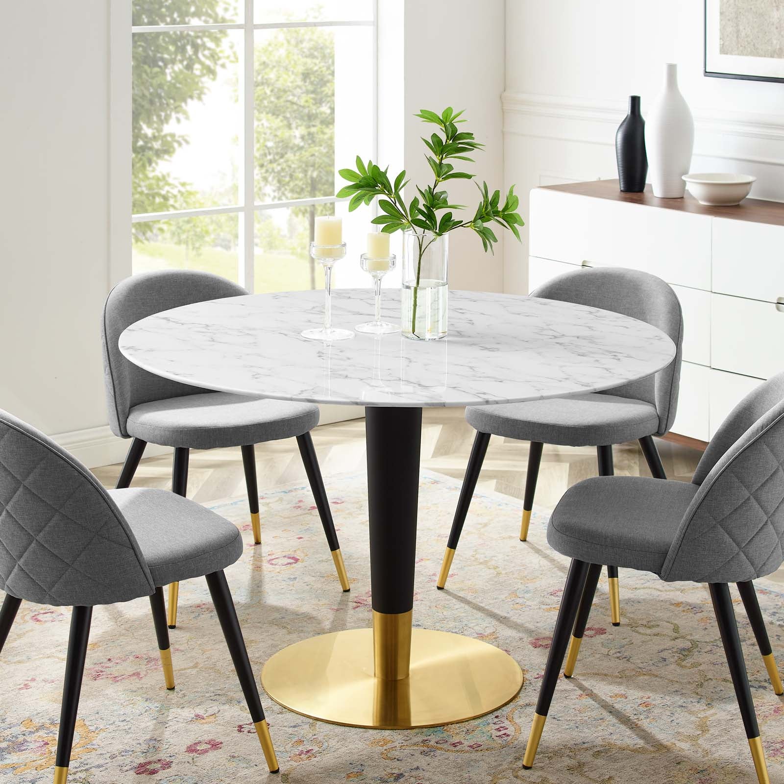 Modway Dining Tables - Zinque 47" Artificial Marble Dining Table Gold White