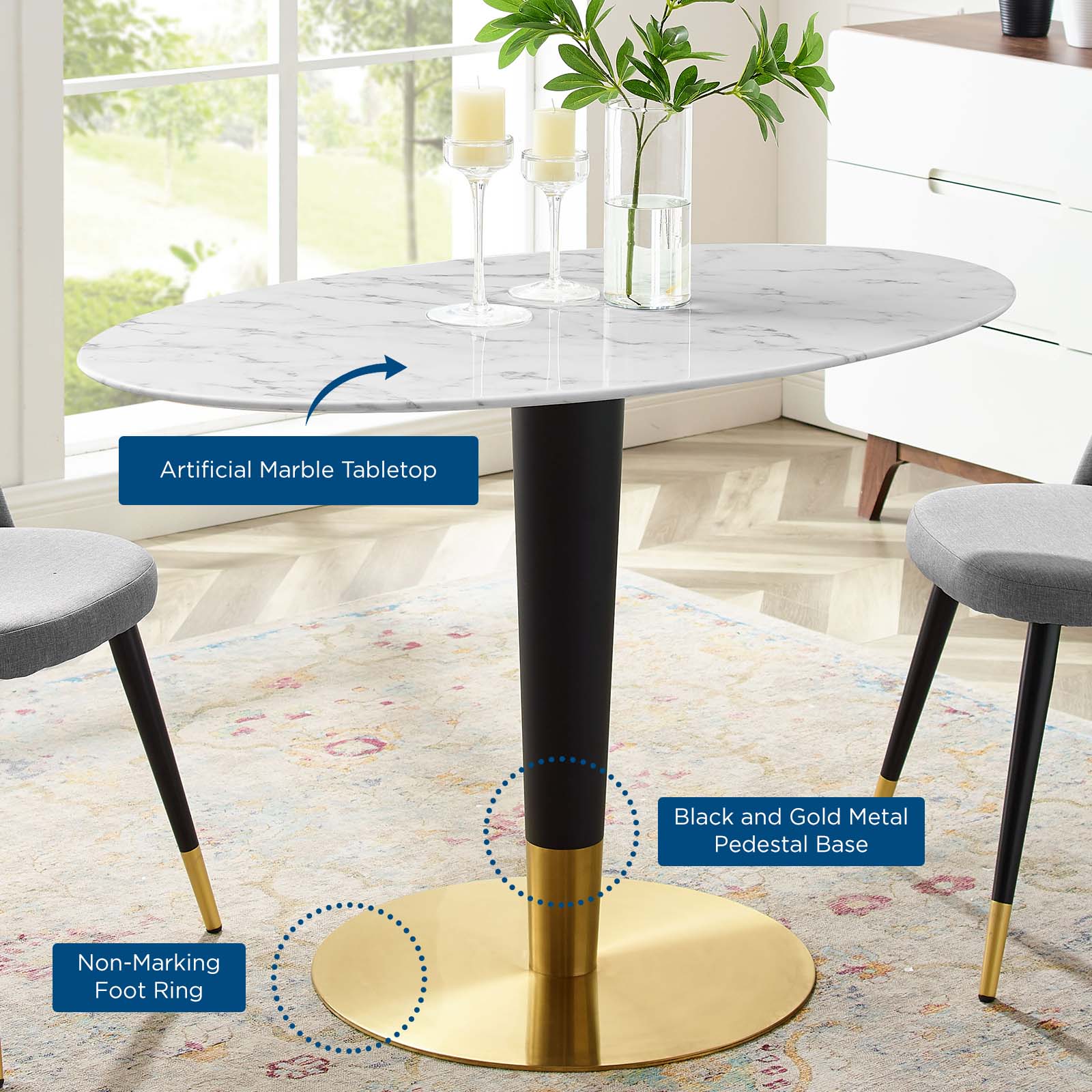 Modway Dining Tables - Zinque 48" Oval Artificial Marble Dining Table Gold White