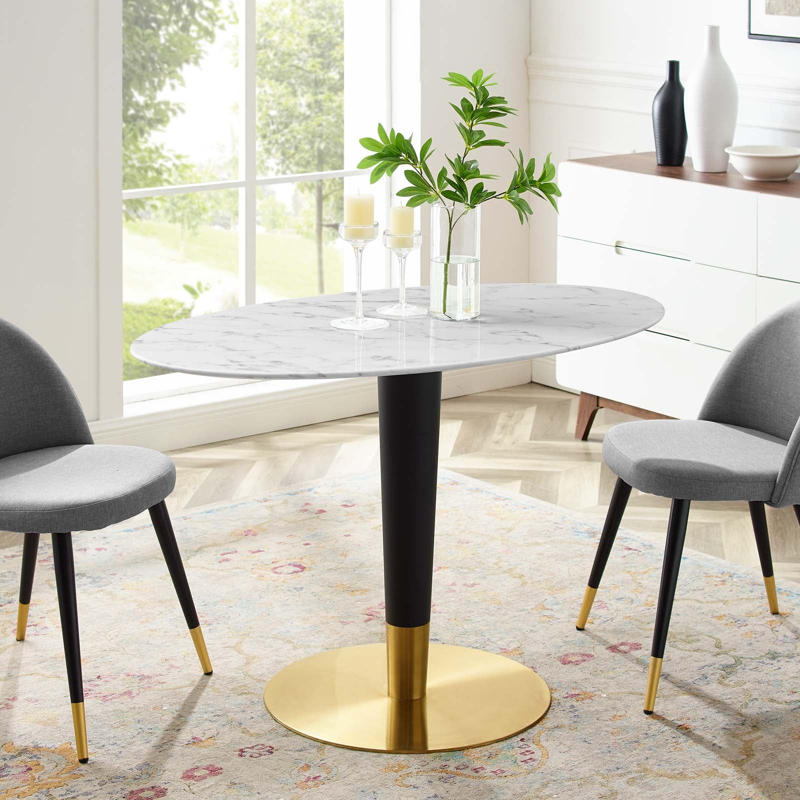 Modway Dining Tables - Zinque 48" Oval Artificial Marble Dining Table Gold White