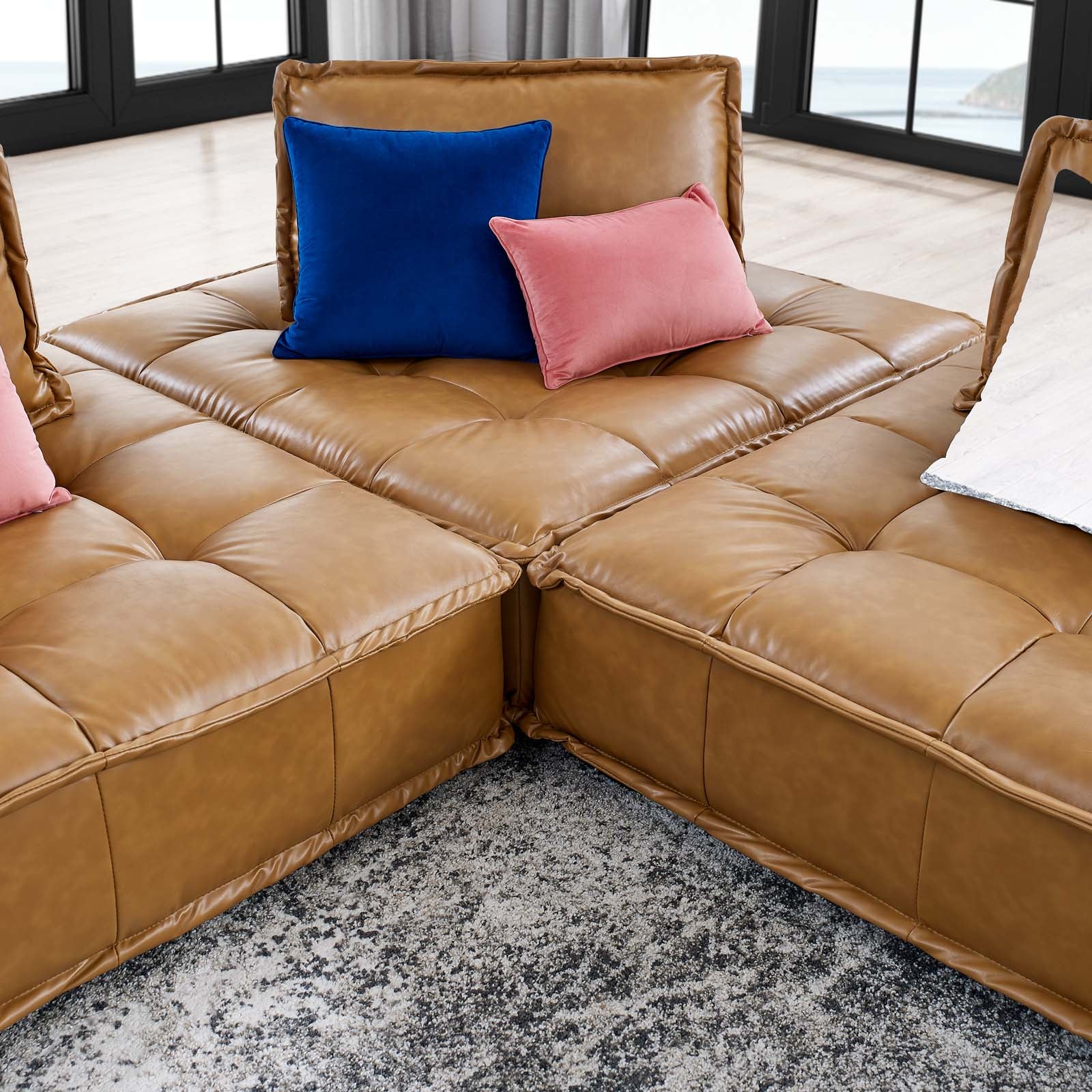 Modway Sofas & Couches - Saunter Tufted Vegan Leather Vegan Leather 3-Piece Sofa Tan