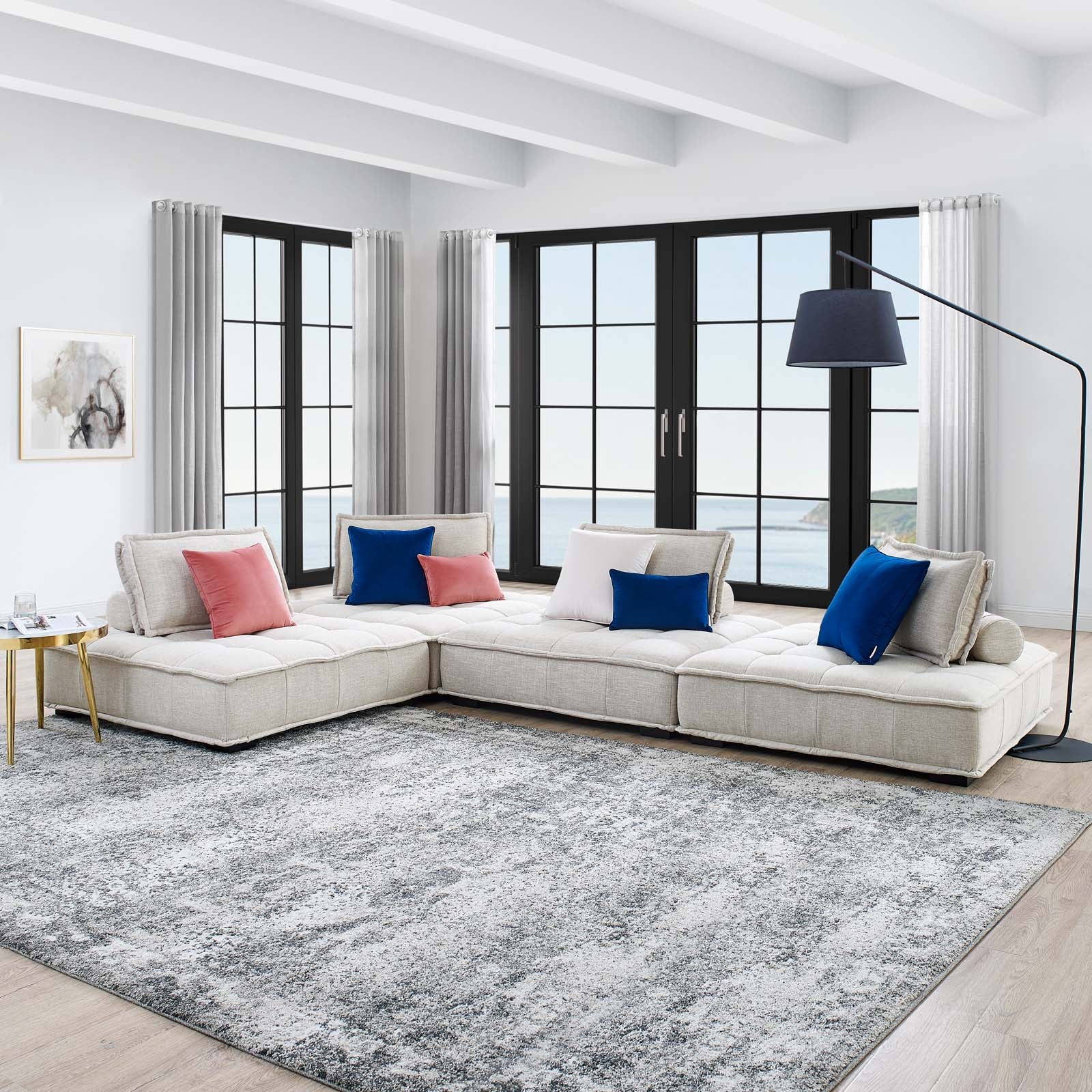 Modway Sectional Sofas - Saunter-Tufted-Fabric-Fabric-4-Piece-Sectional-Sofa-Beige