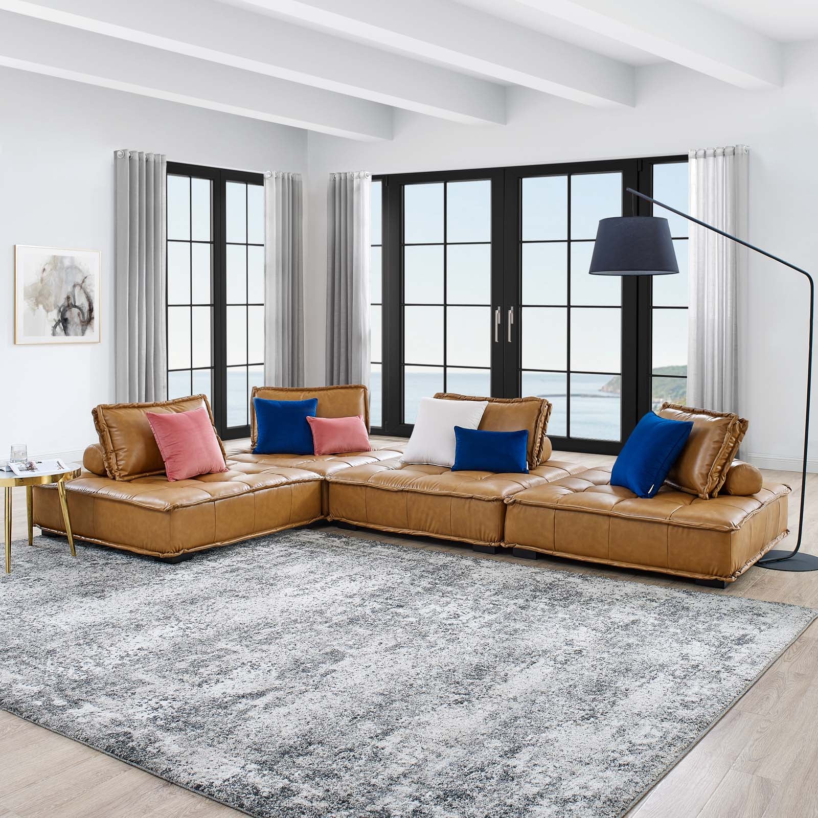 Modway Sectional Sofas - Saunter Tufted Vegan Leather Vegan Leather 4-Piece Sectional Sofa Tan