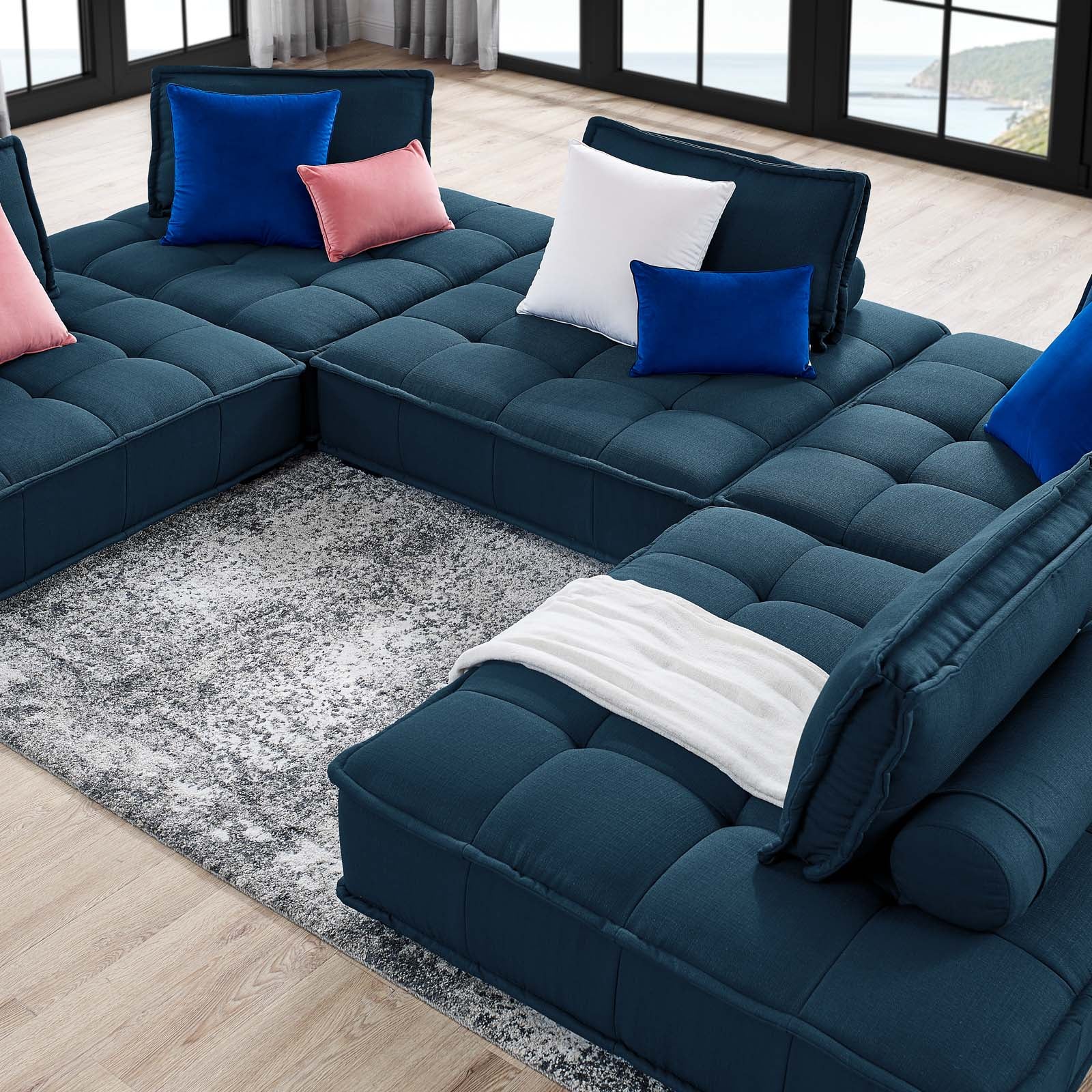 Modway Sectional Sofas - Saunter Tufted Fabric Fabric 5-Piece Sectional Sofa Azure