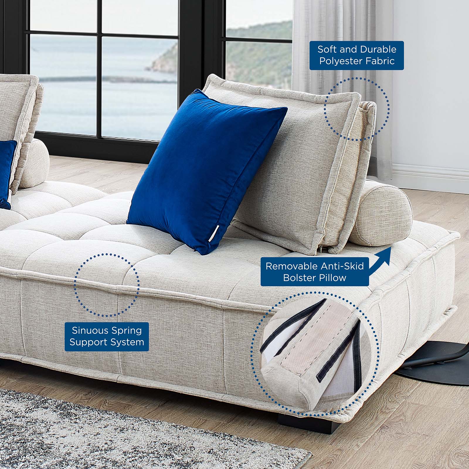 Modway Sectional Sofas - Saunter-Tufted-Fabric-Fabric-5-Piece-Sectional-Sofa-Beige