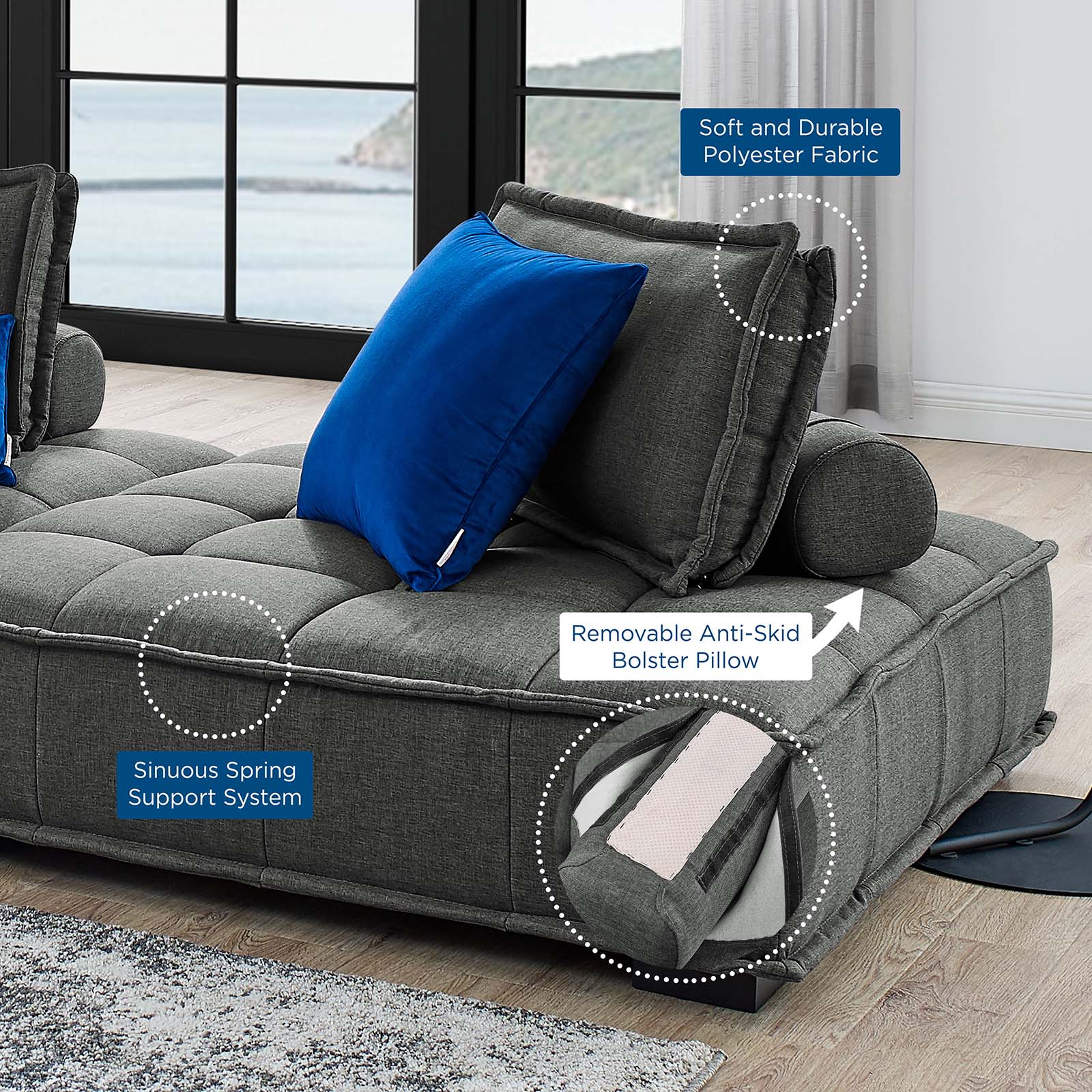 Modway Sectional Sofas - Saunter Tufted Fabric Fabric 5-Piece Sectional Sofa Gray