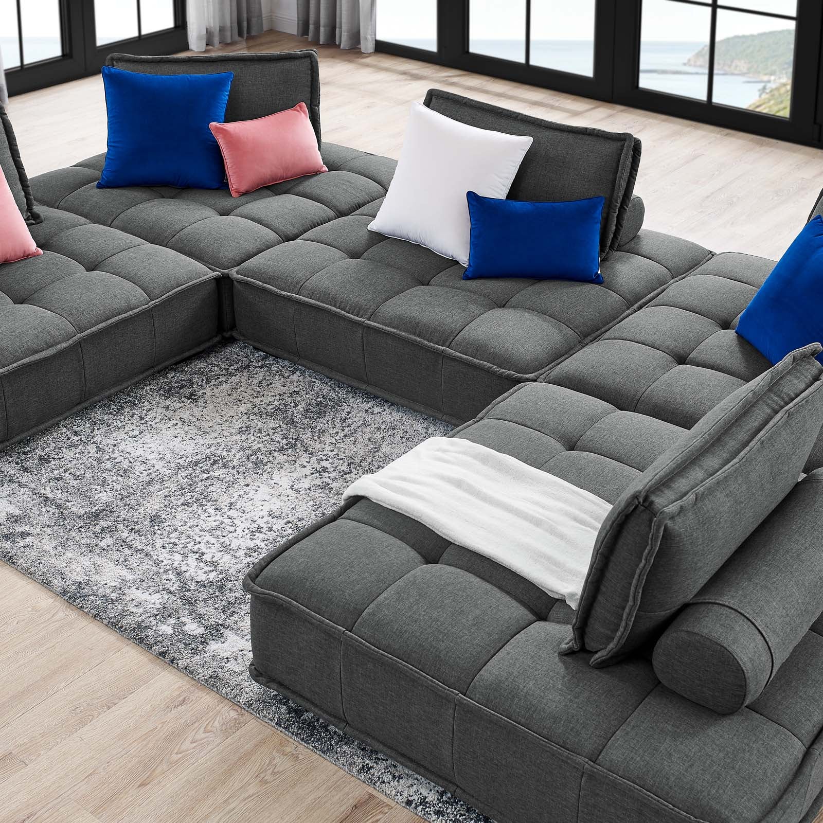 Modway Sectional Sofas - Saunter Tufted Fabric Fabric 5-Piece Sectional Sofa Gray