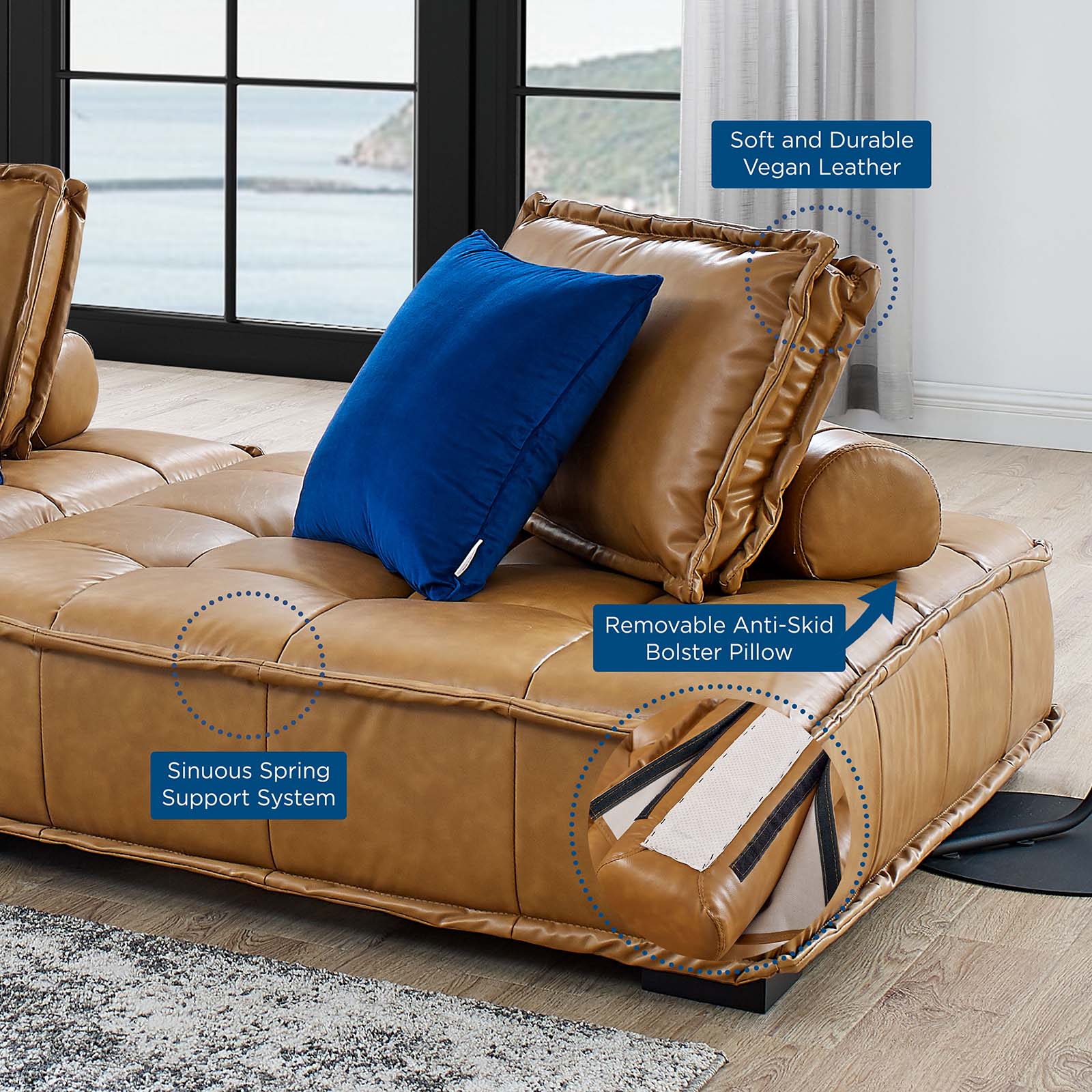 Modway Sectional Sofas - Saunter Tufted Vegan Leather Vegan Leather 5-Piece Sectional Sofa Tan