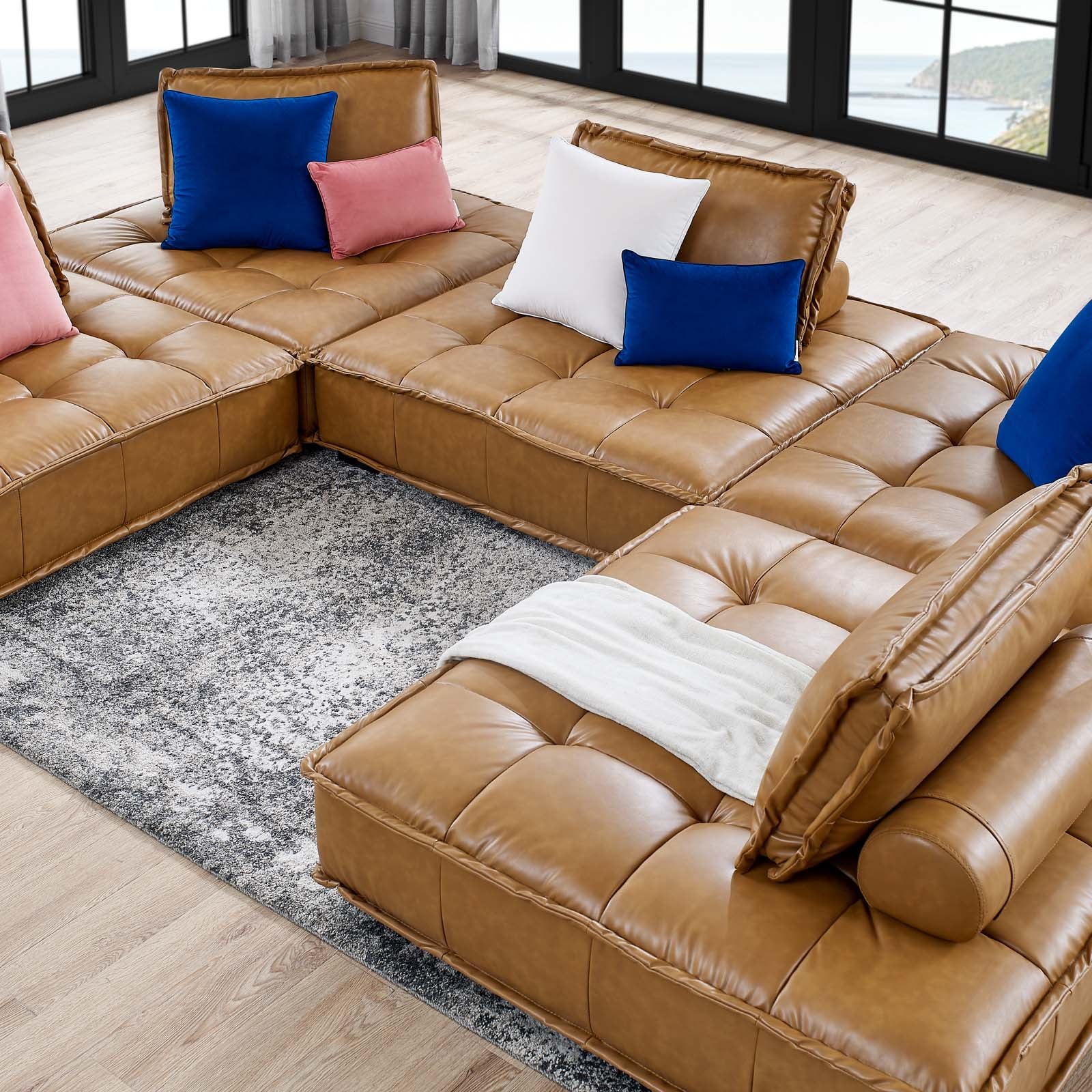 Modway Sectional Sofas - Saunter Tufted Vegan Leather Vegan Leather 5-Piece Sectional Sofa Tan