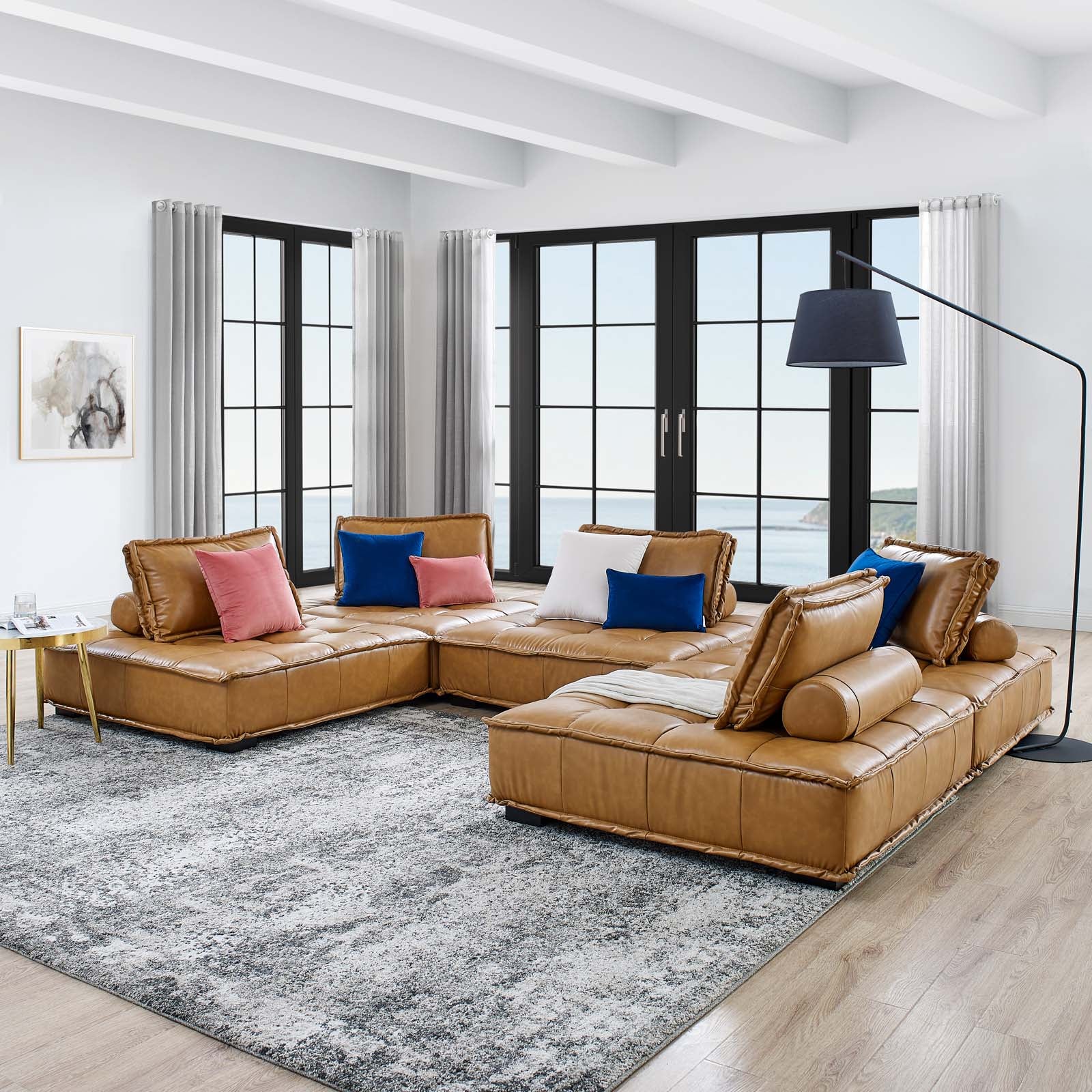 Modway Sectional Sofas - Saunter Tufted Vegan Leather Vegan Leather 5-Piece Sectional Sofa Tan