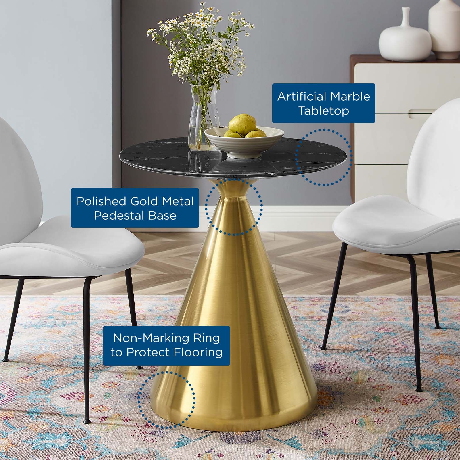 Modway Dining Tables - Tupelo-28"-Artificial-Marble-Dining-Table-Gold-Black