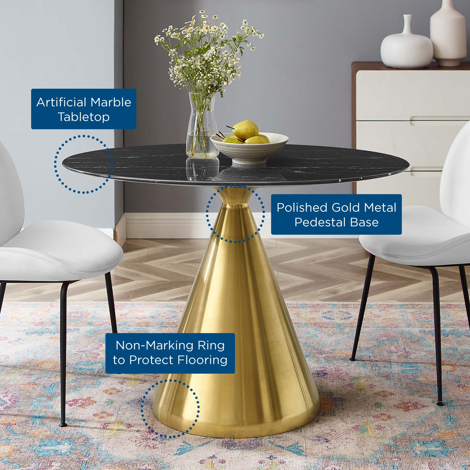 Modway Dining Tables - Tupelo-42"-Oval-Artificial-Marble-Dining-Table-Gold-Black