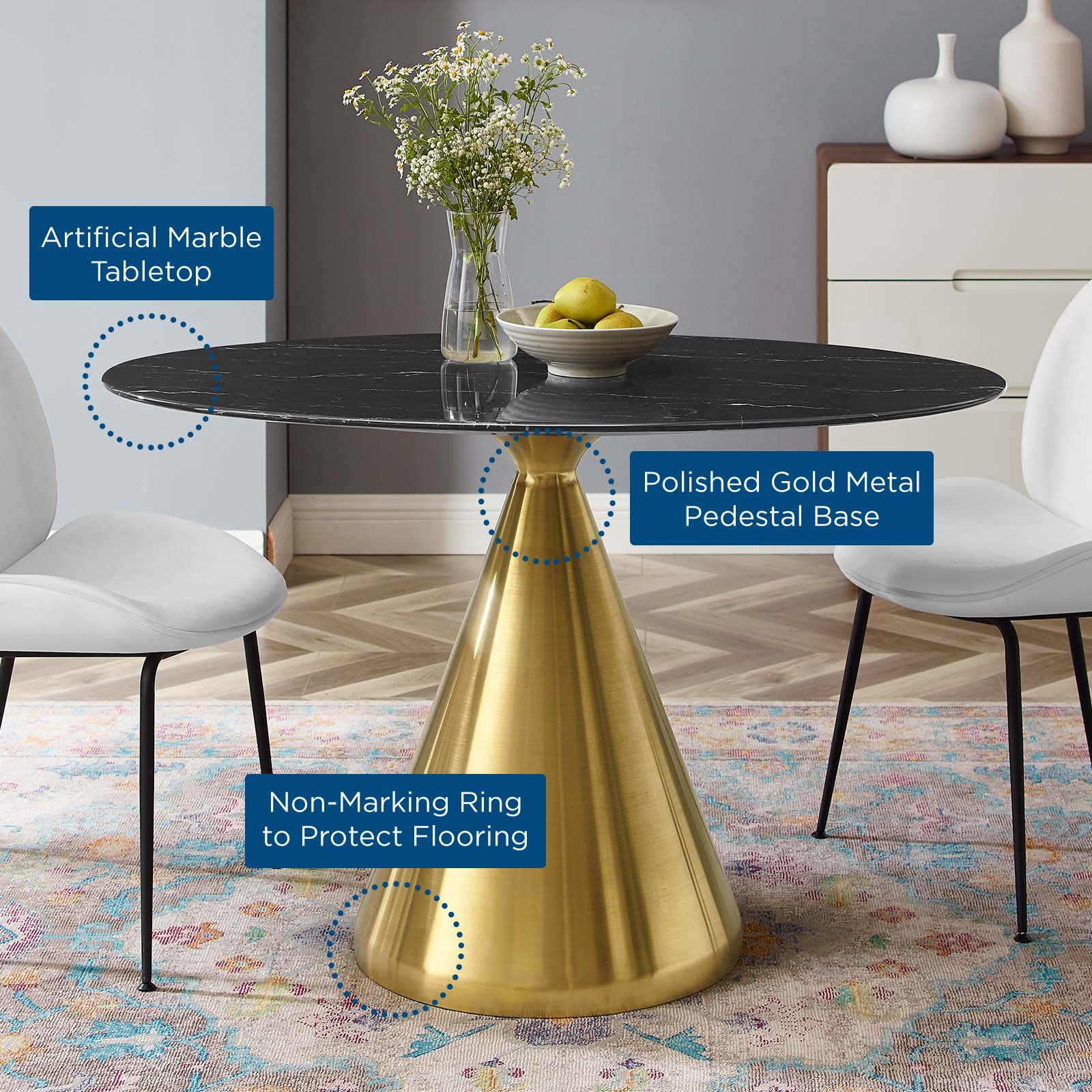 Modway Dining Tables - Tupelo-48"-Oval-Artificial-Marble-Dining-Table-Gold-Black