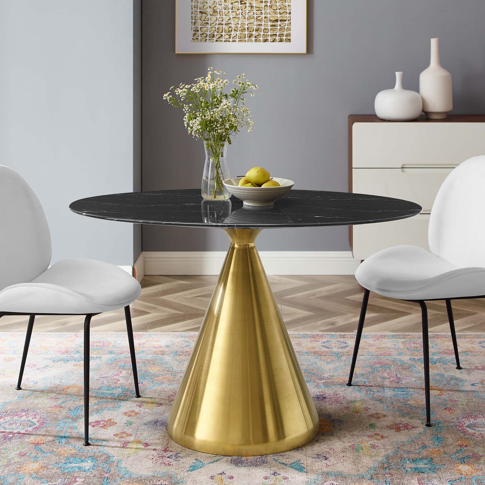Modway Dining Tables - Tupelo-48"-Oval-Artificial-Marble-Dining-Table-Gold-Black