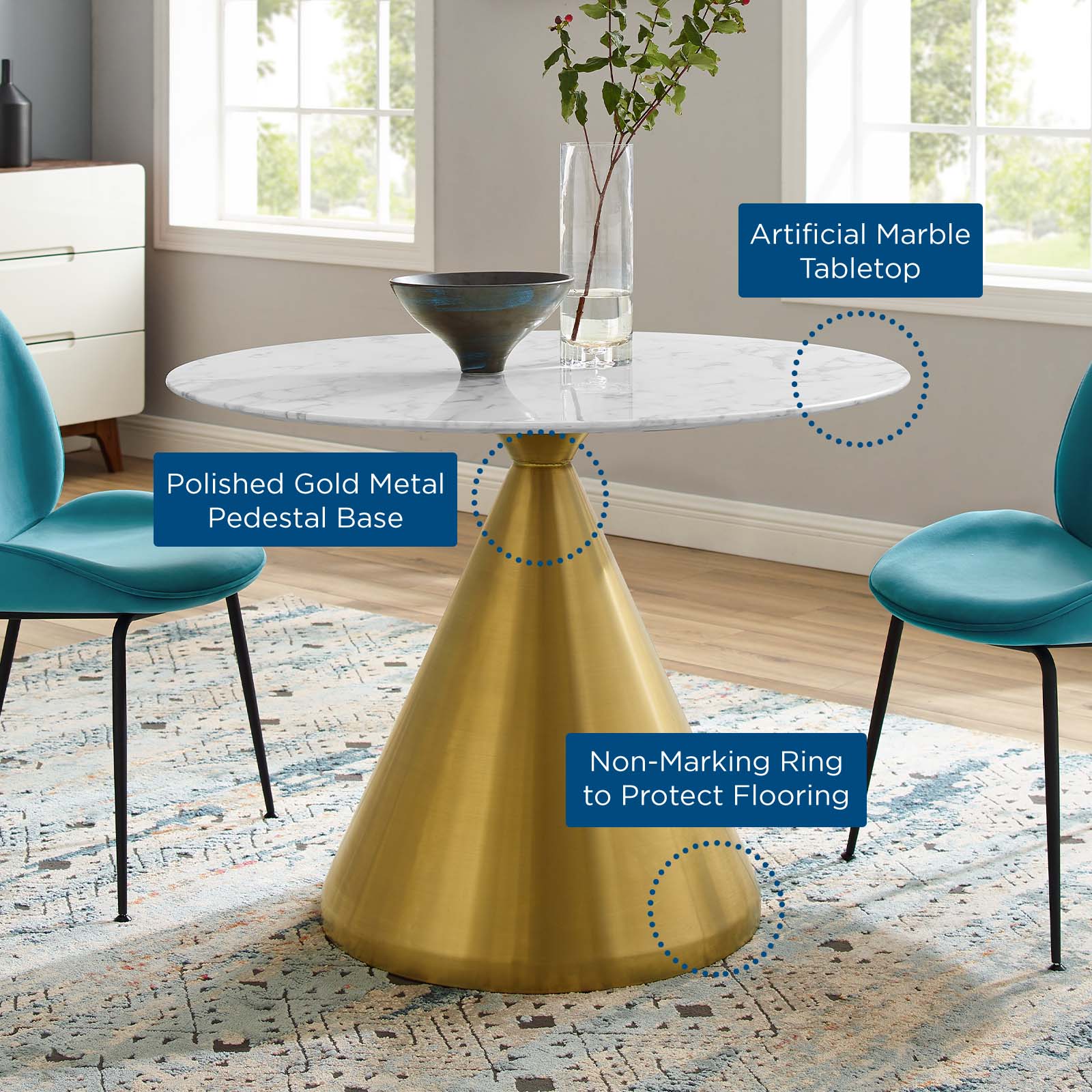Modway Dining Tables - Tupelo 40" Artificial Marble Dining Table Gold White