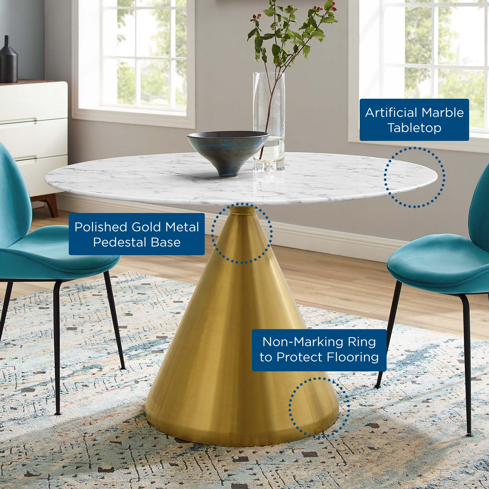 Modway Dining Tables - Tupelo 47" Artificial Marble Dining Table Gold White