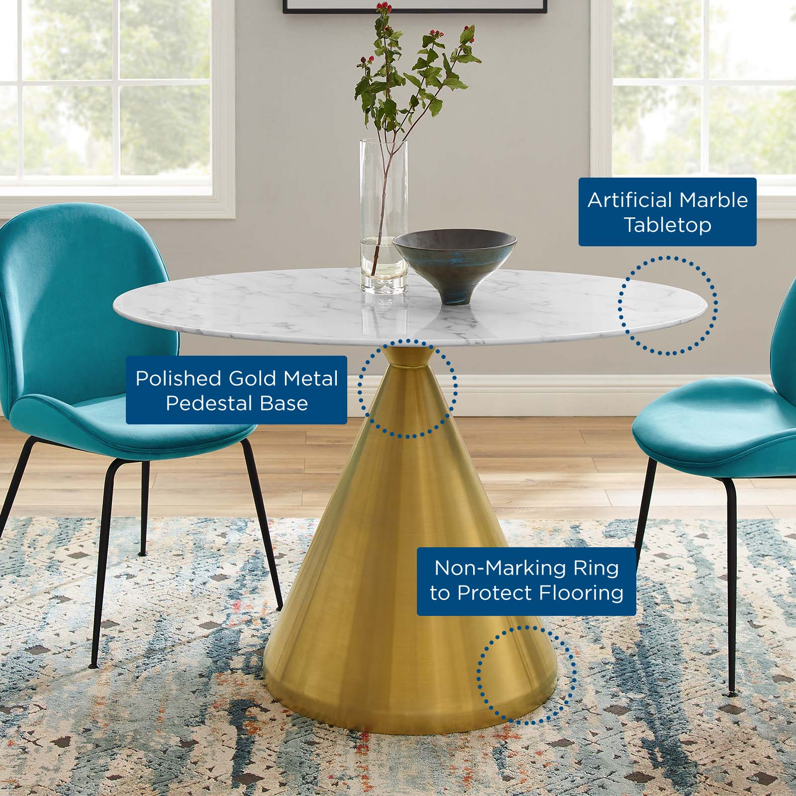 Modway Dining Tables - Tupelo 48" Oval Artificial Marble Dining Table Gold White