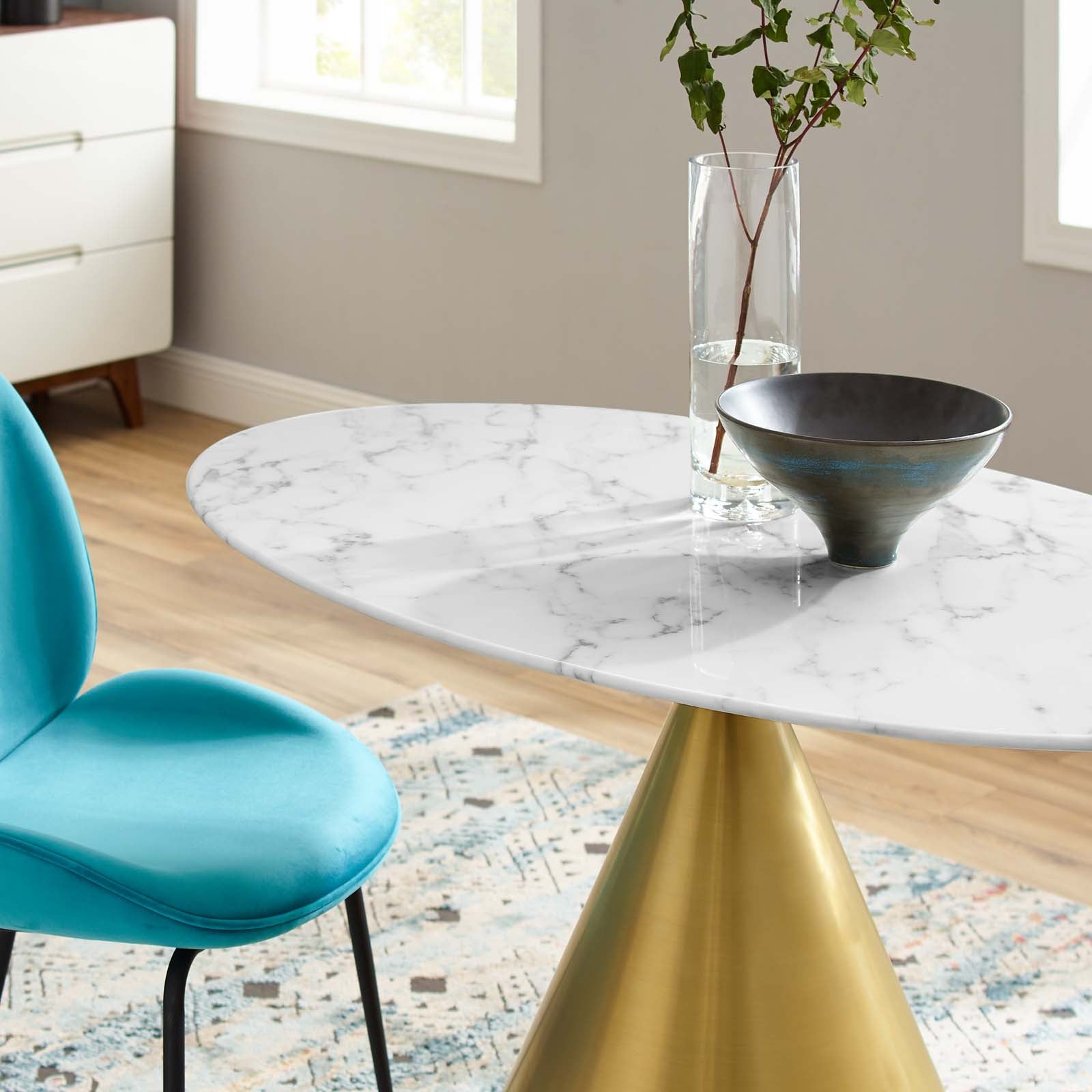 Modway Dining Tables - Tupelo 48" Oval Artificial Marble Dining Table Gold White