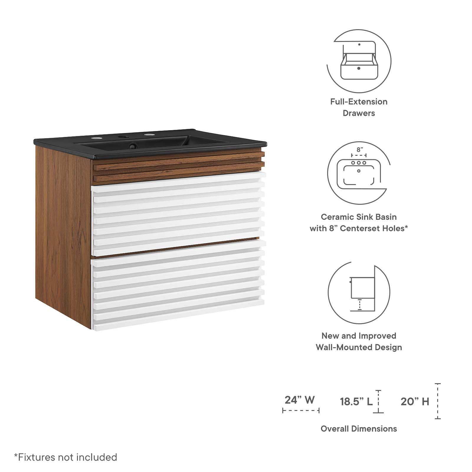 Modway Bathroom Vanity - Render 24" Wall-Mount Bathroom Vanity White Walnut Black