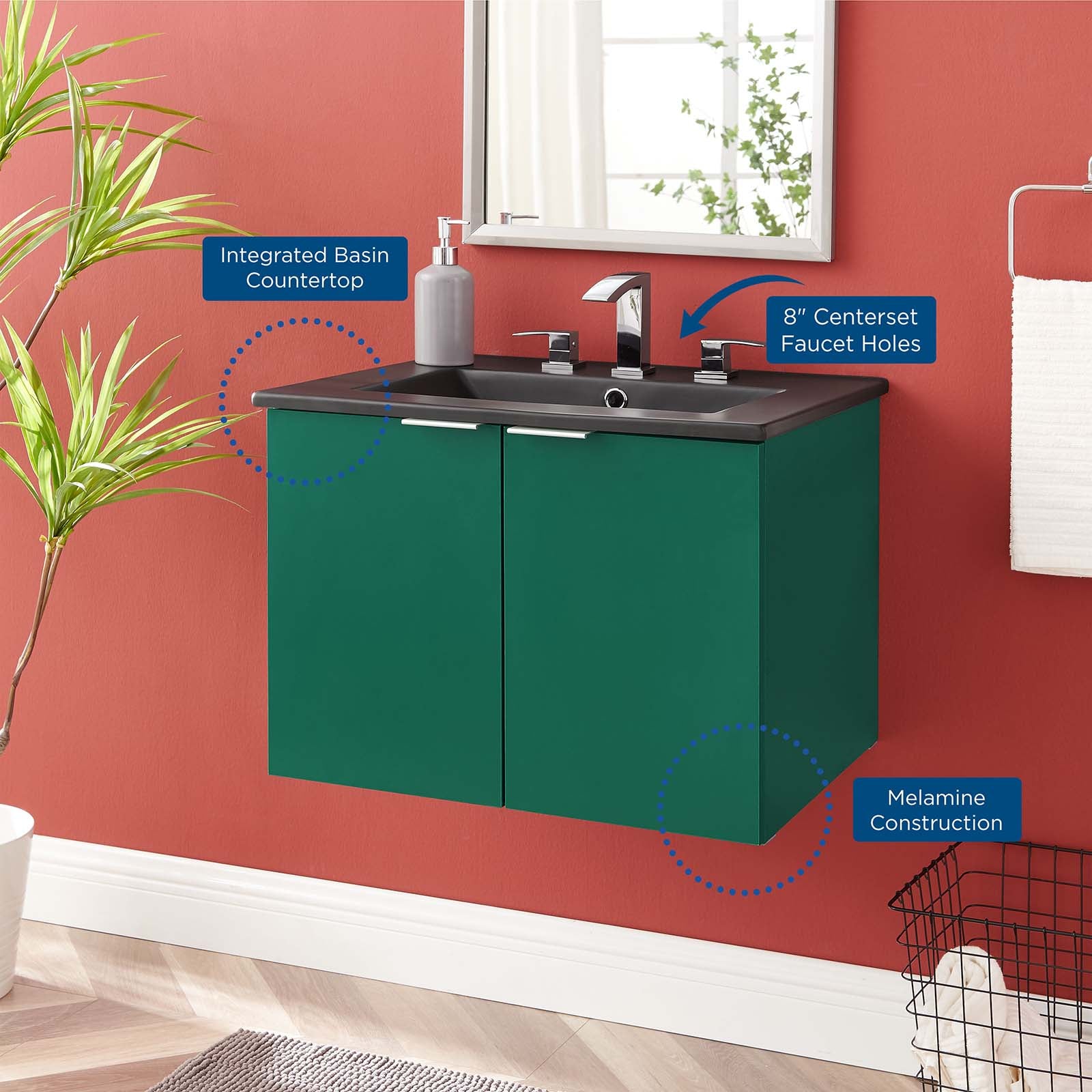 Modway Bathroom Vanity - Maybelle 24" Wall-Mount Bathroom Vanity Green Black