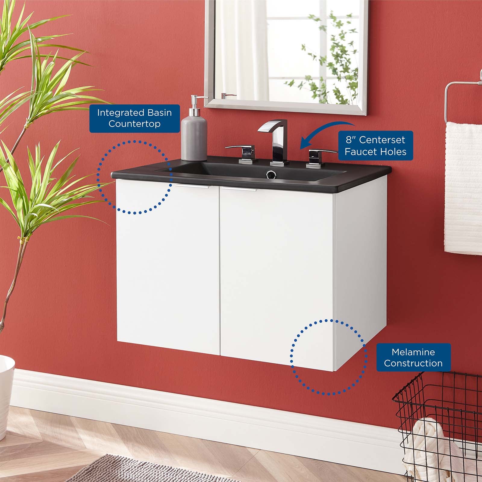 Modway Bathroom Vanity - Maybelle 24" Wall-Mount Bathroom Vanity White Black
