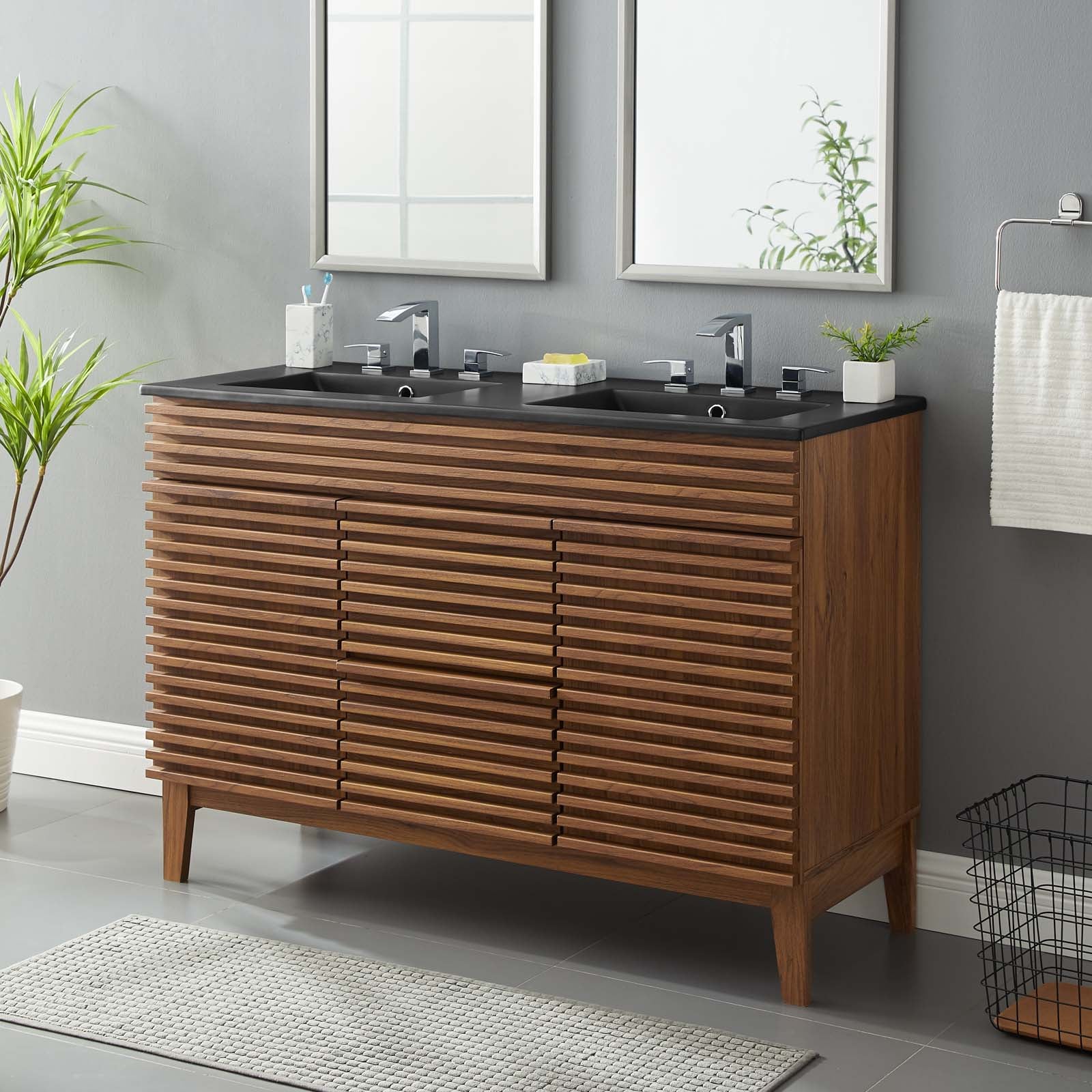 Modway Bathroom Vanity - Render 48" Double Sink Bathroom Vanity Walnut Black