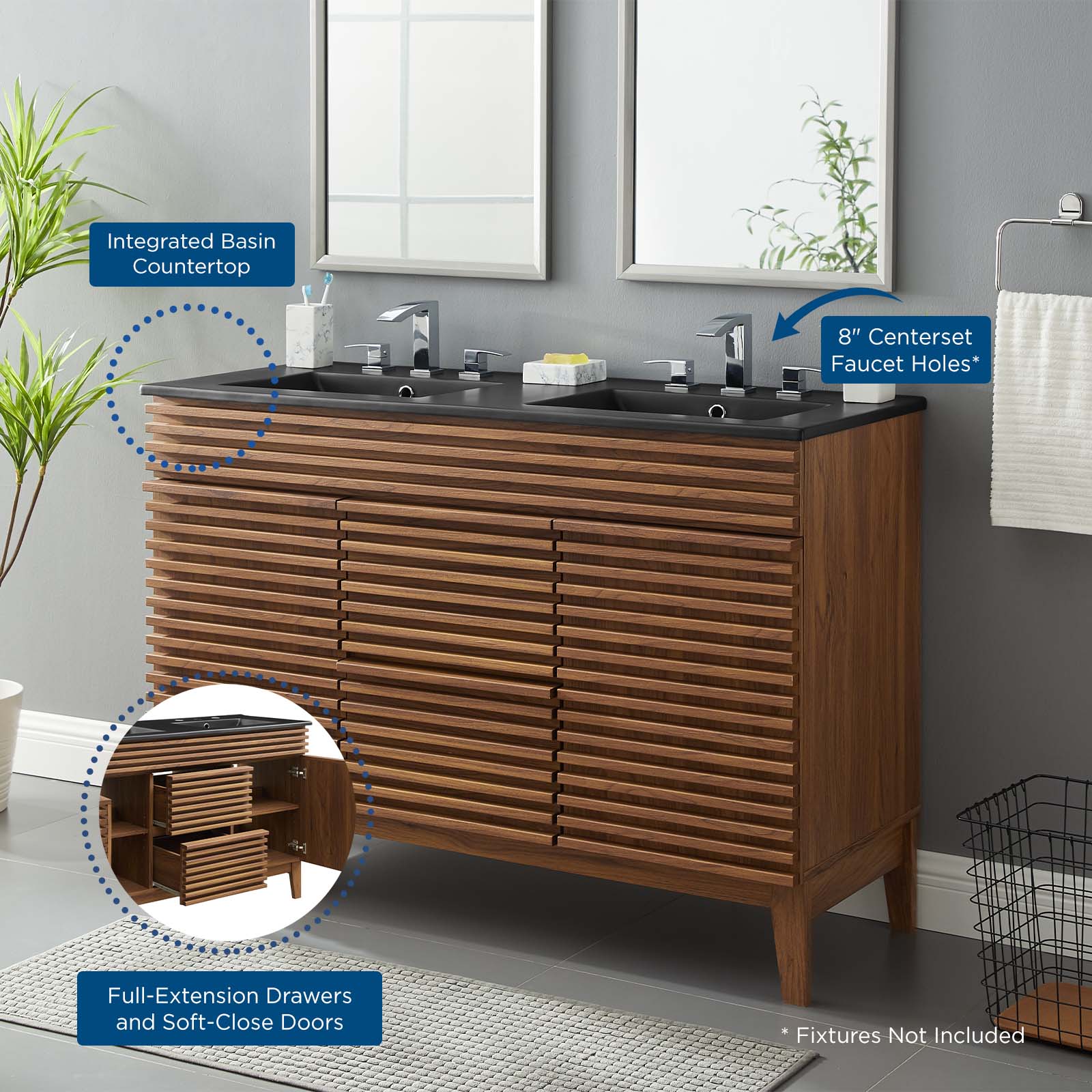 Modway Bathroom Vanity - Render 48" Double Sink Bathroom Vanity Walnut Black