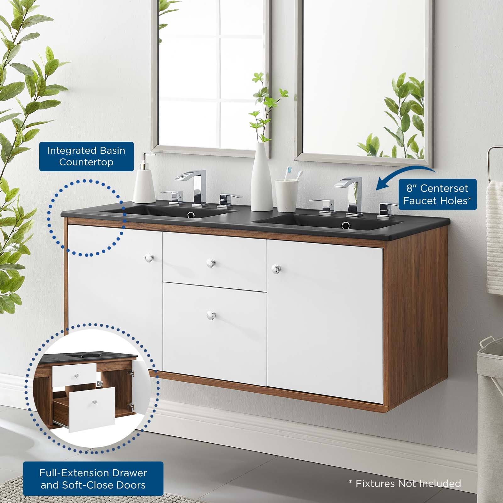 Modway Bathroom Vanity - Transmit 48" Wall-Mount Bathroom Vanity Walnut Black