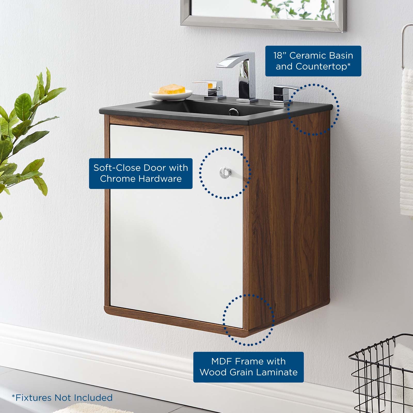 Modway Bathroom Vanity - Transmit-18"-Wall-Mount-Bathroom-Vanity-Walnut-Black
