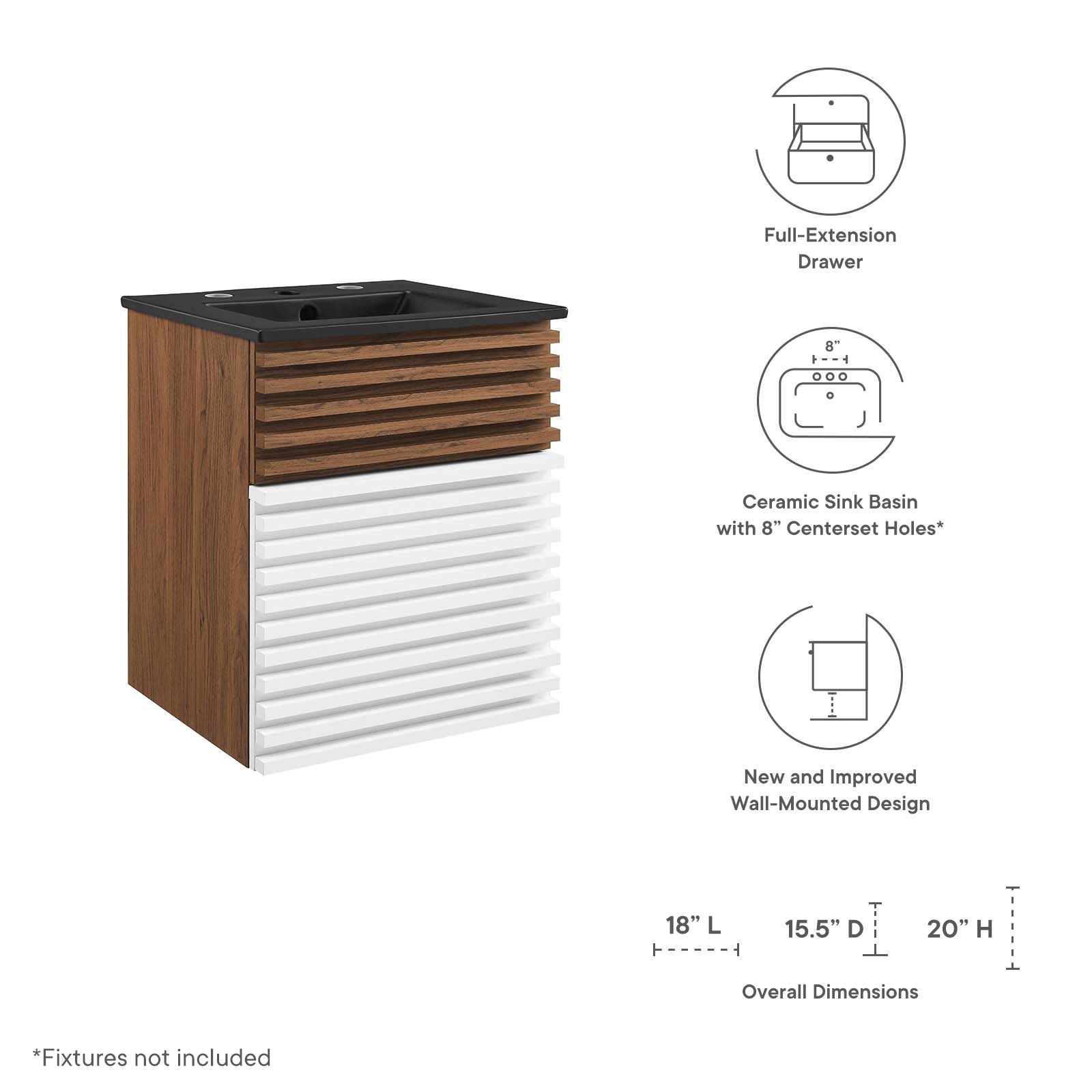 Modway Bathroom Vanity - Render 18" Wall-Mount Bathroom Vanity White Walnut Black