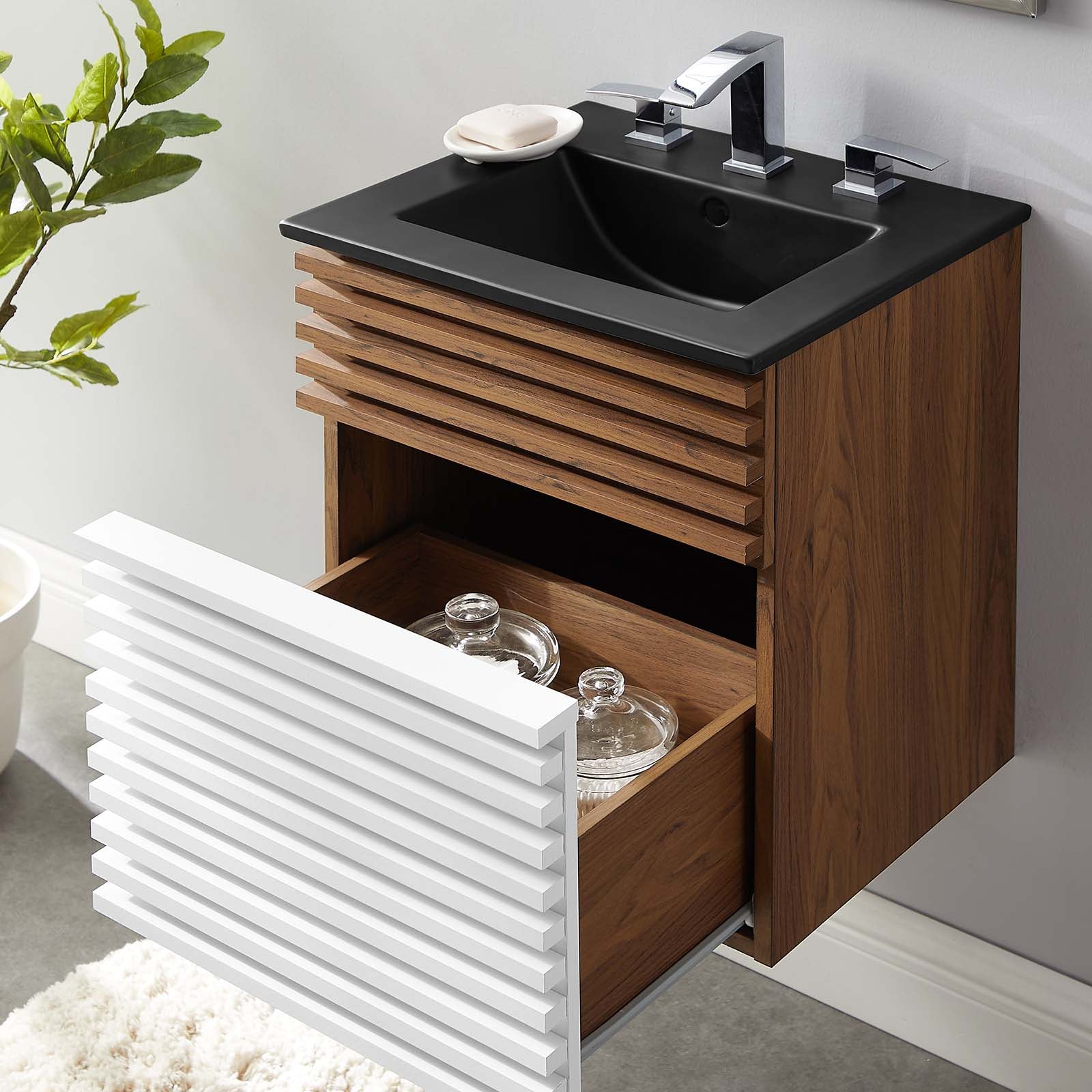 Modway Bathroom Vanity - Render 18" Wall-Mount Bathroom Vanity White Walnut Black