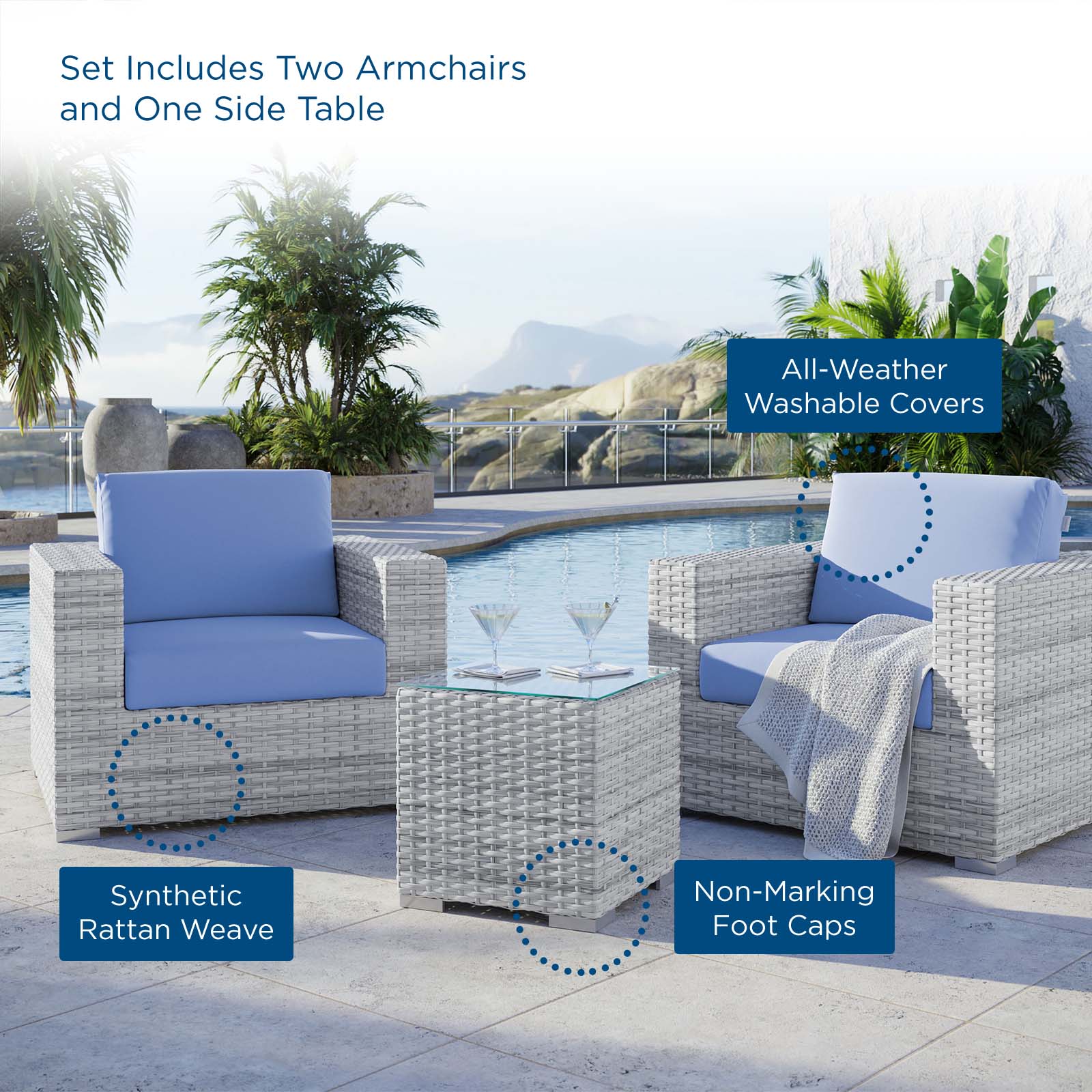 Modway Outdoor Conversation Sets - Convene 3-Piece Outdoor Patio Set Light Gray Light Blue