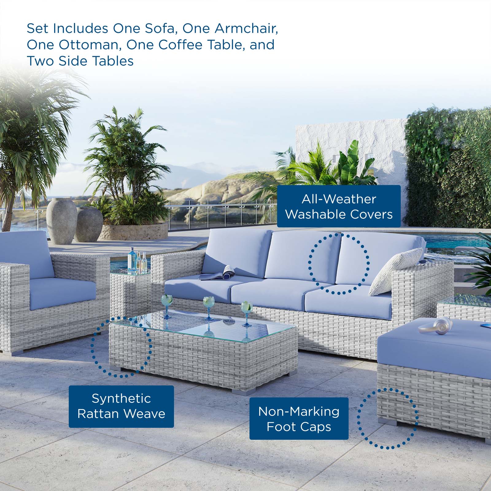 Modway Outdoor Conversation Sets - Convene 6-Piece Outdoor Patio Set Light Gray Light Blue