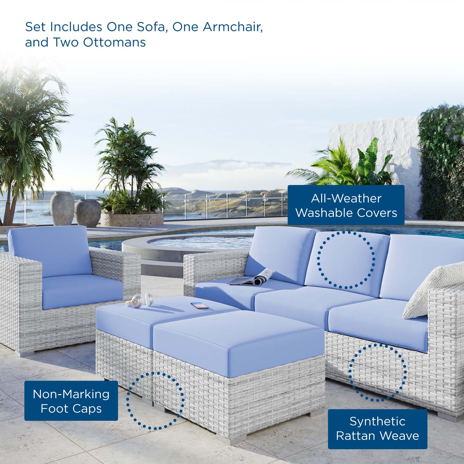 Modway Outdoor Conversation Sets - Convene 4 Piece Outdoor Patio Set Light Gray