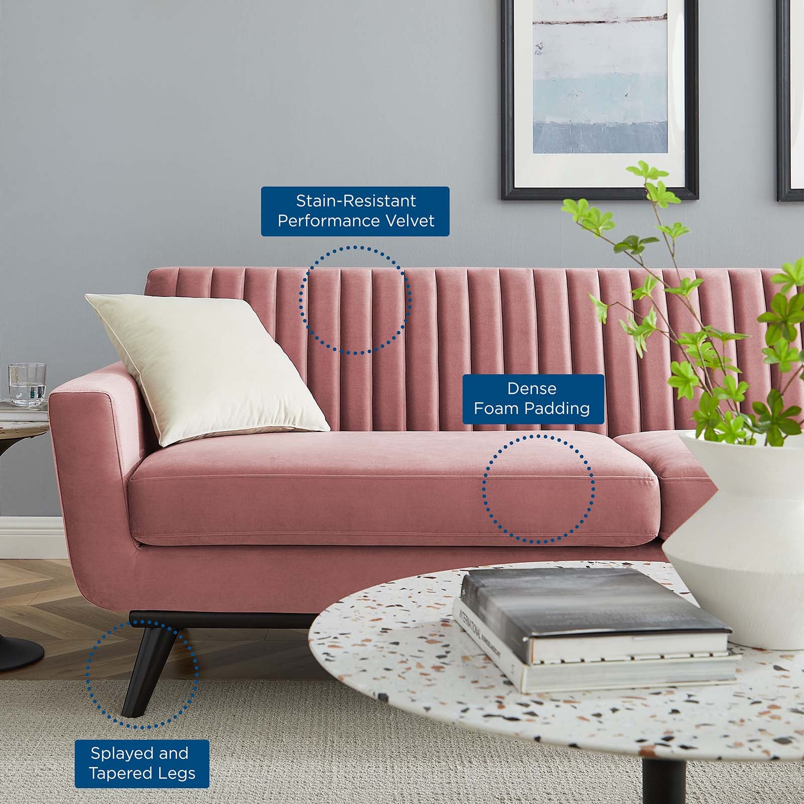 Modway Sofas & Couches - Engage Channel Tufted Performance Velvet Sofa Dusty Rose