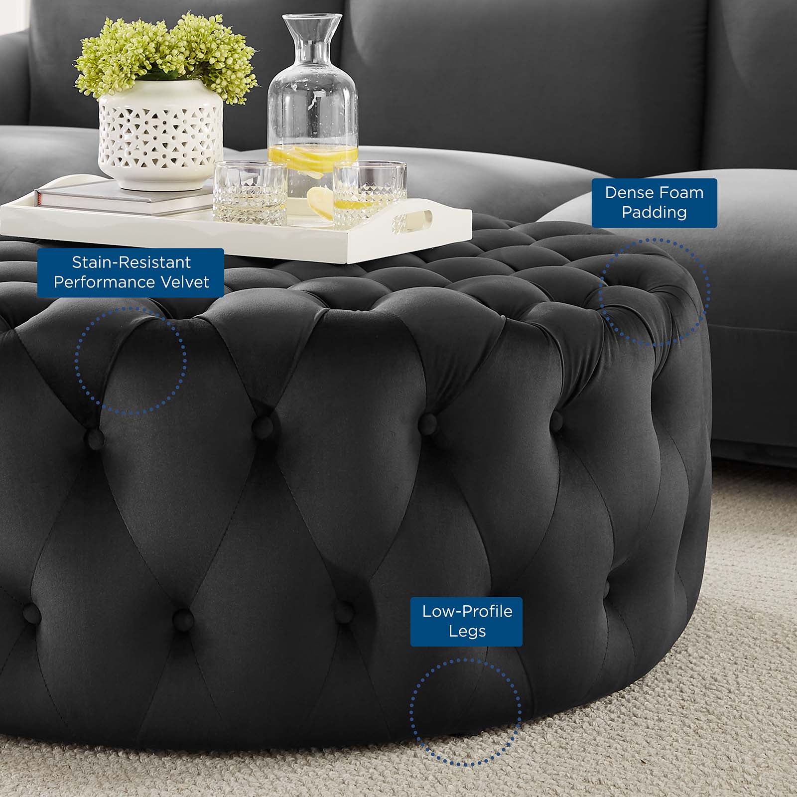 Modway Ottomans & Stools - Amour Tufted Button Large Round Performance Velvet Ottoman Black